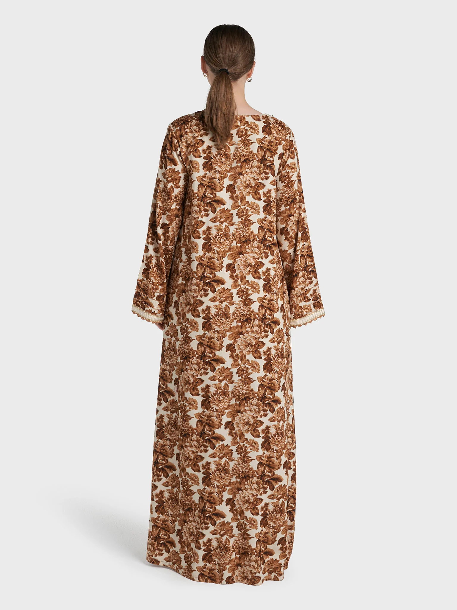 Brown Colour Lace Work Rayon Floral Printed Jalabiya (VG3373) - Image 4
