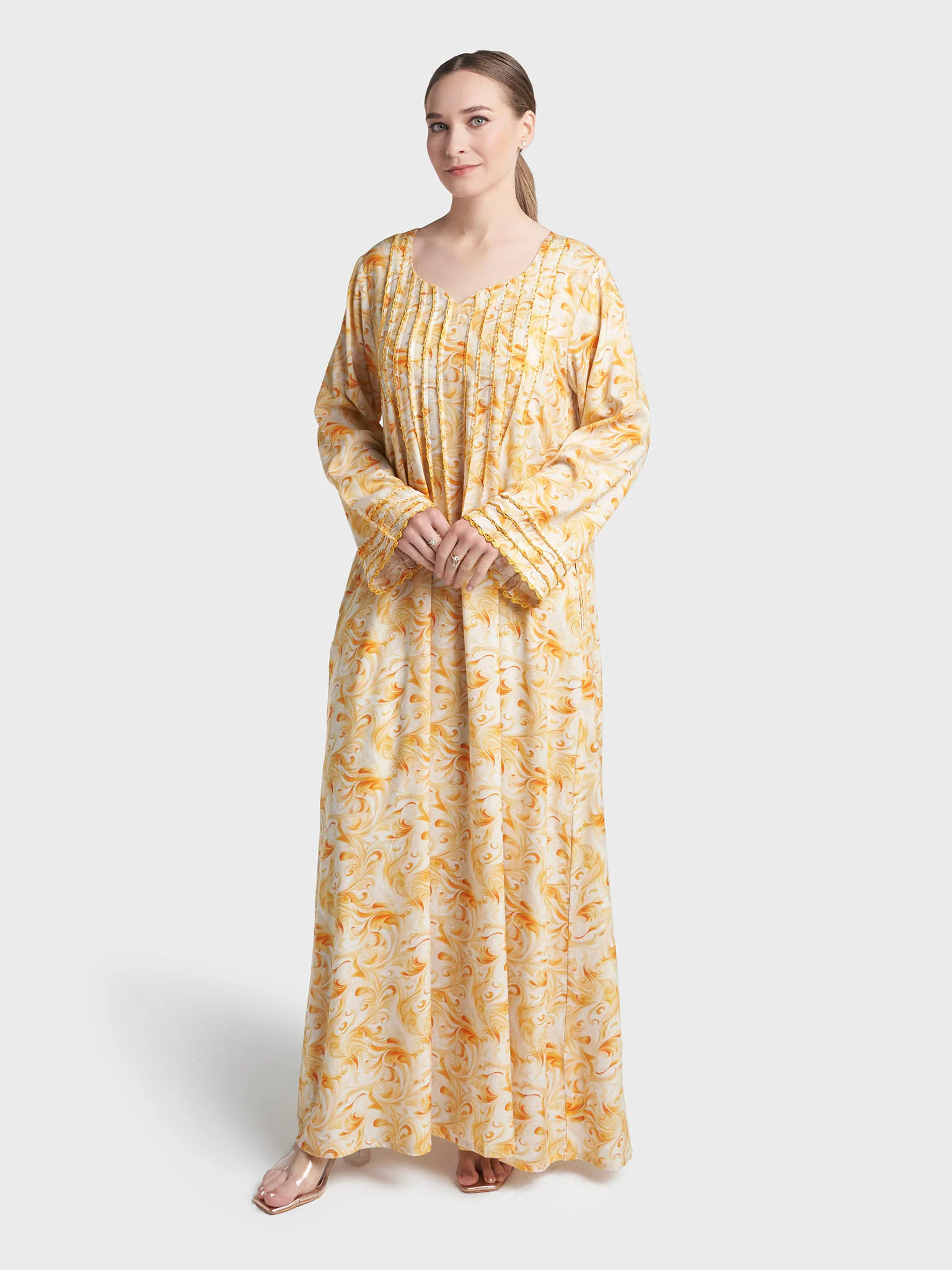 Yellow Colour Hand Work Rayon Abstract Printed Jalabiya (VG3376) - Image 3