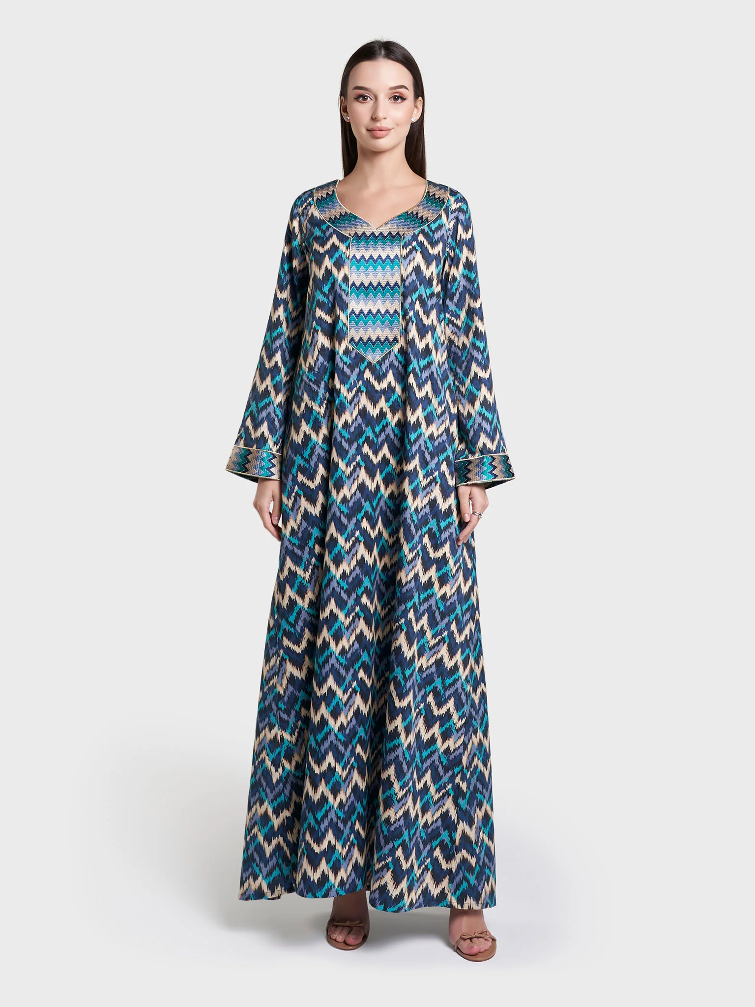 Navy Blue Geometric Print Stone Work Mukhawar Jalabiya (VW442) - Image 2