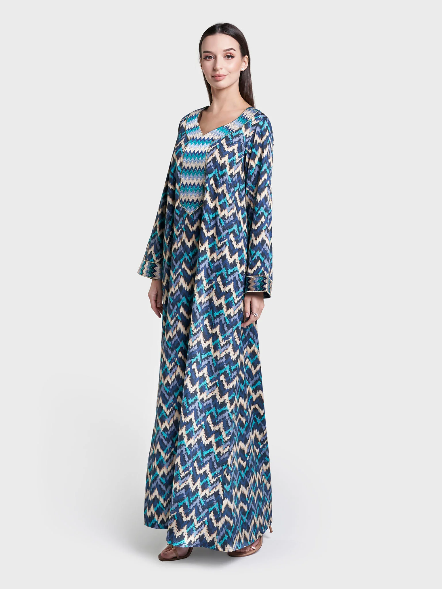 Navy Blue Geometric Print Stone Work Mukhawar Jalabiya (VW442) - Image 3