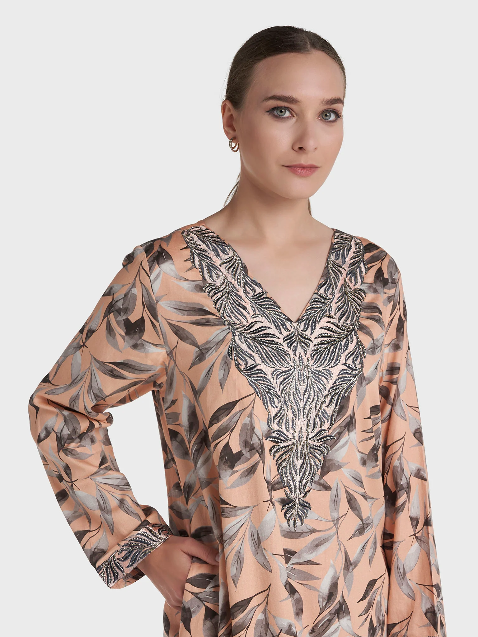 Peach Colour Stone Work Cotton Satin Printed  Jalabiya (VW445)