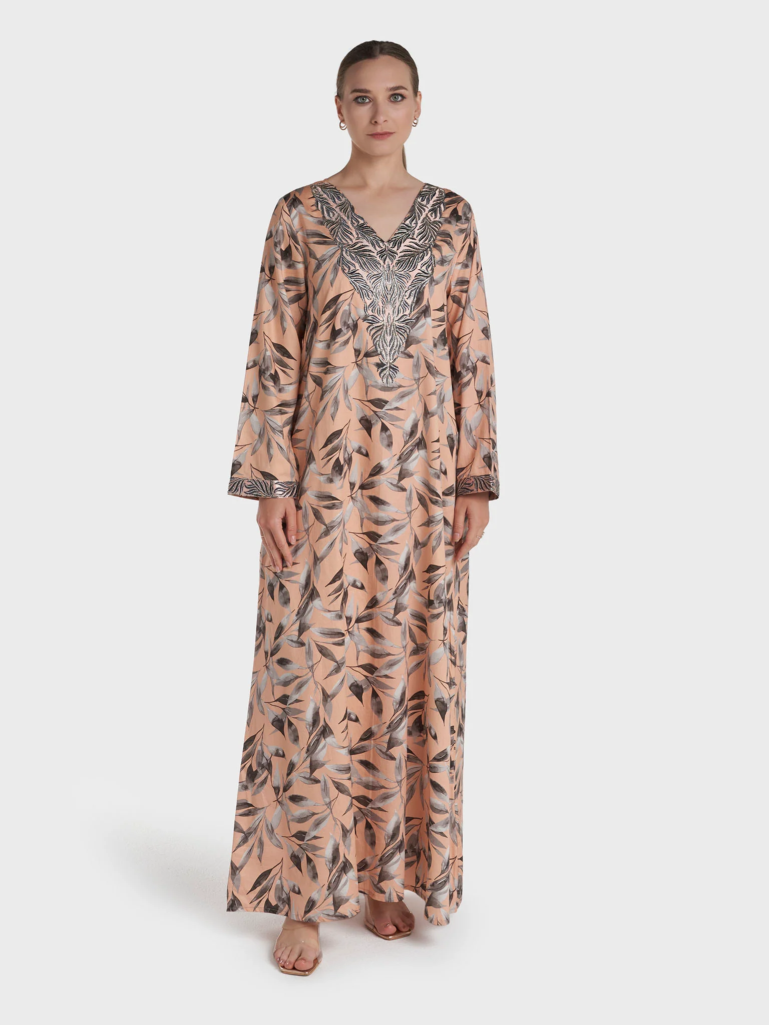 Peach Colour Stone Work Cotton Satin Printed  Jalabiya (VW445) - Image 2