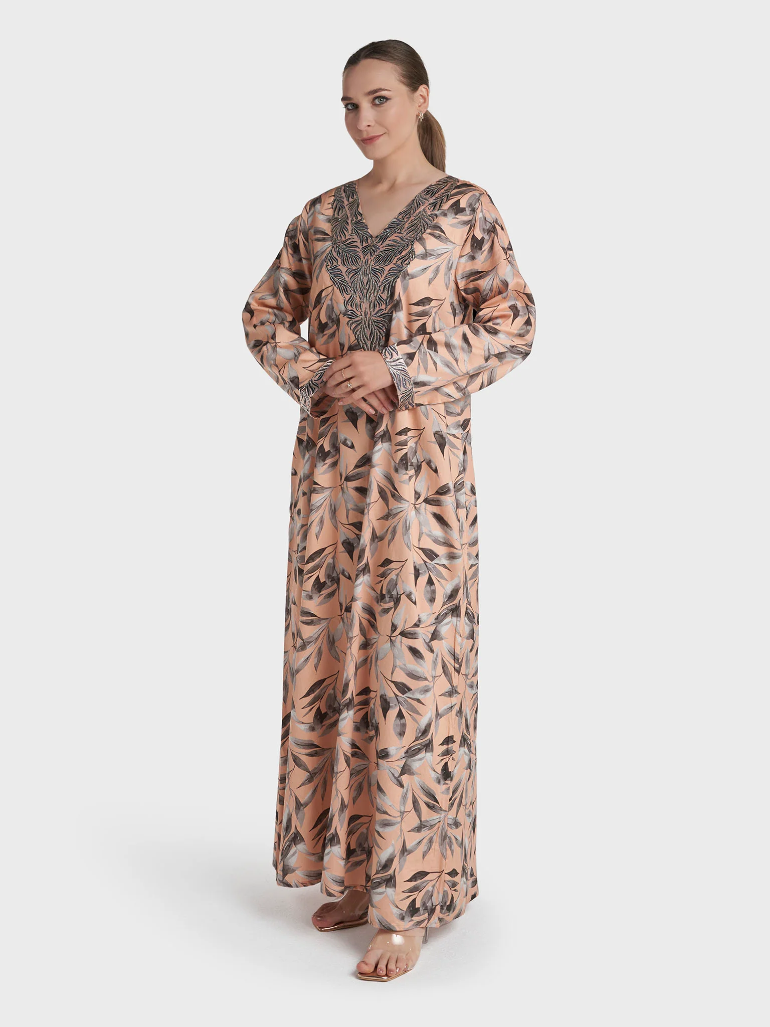 Peach Colour Stone Work Cotton Satin Printed  Jalabiya (VW445) - Image 3