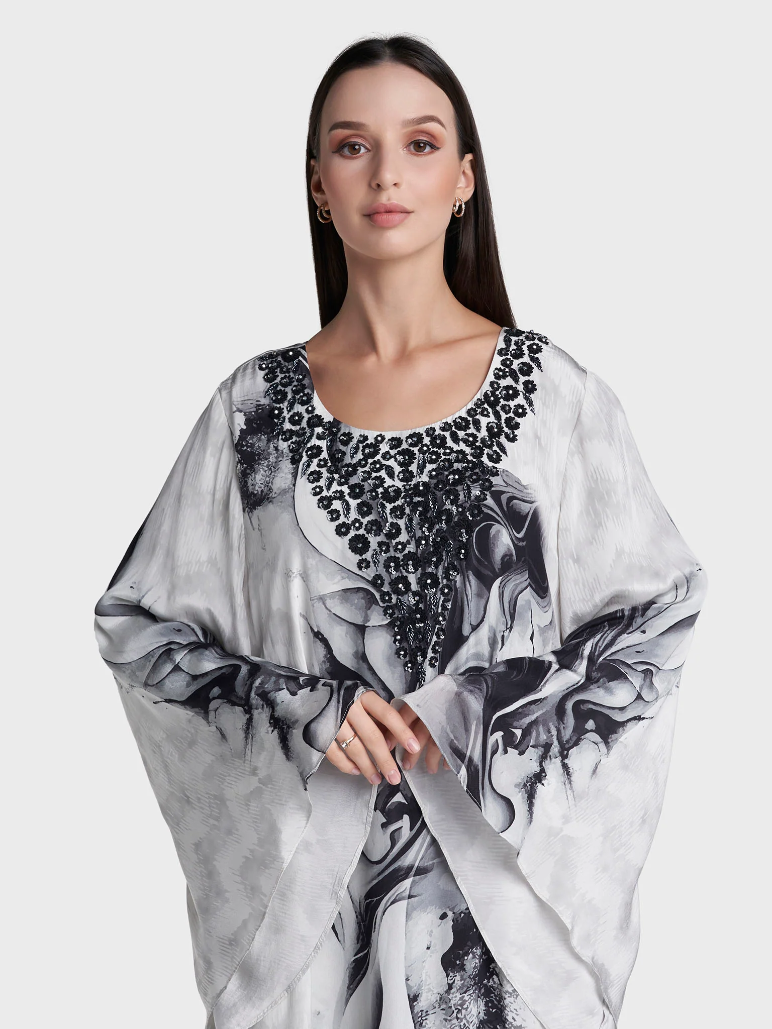 Black Colour Hand Work Viscose Crepe Abstract Printed Jalabiya (VW457)