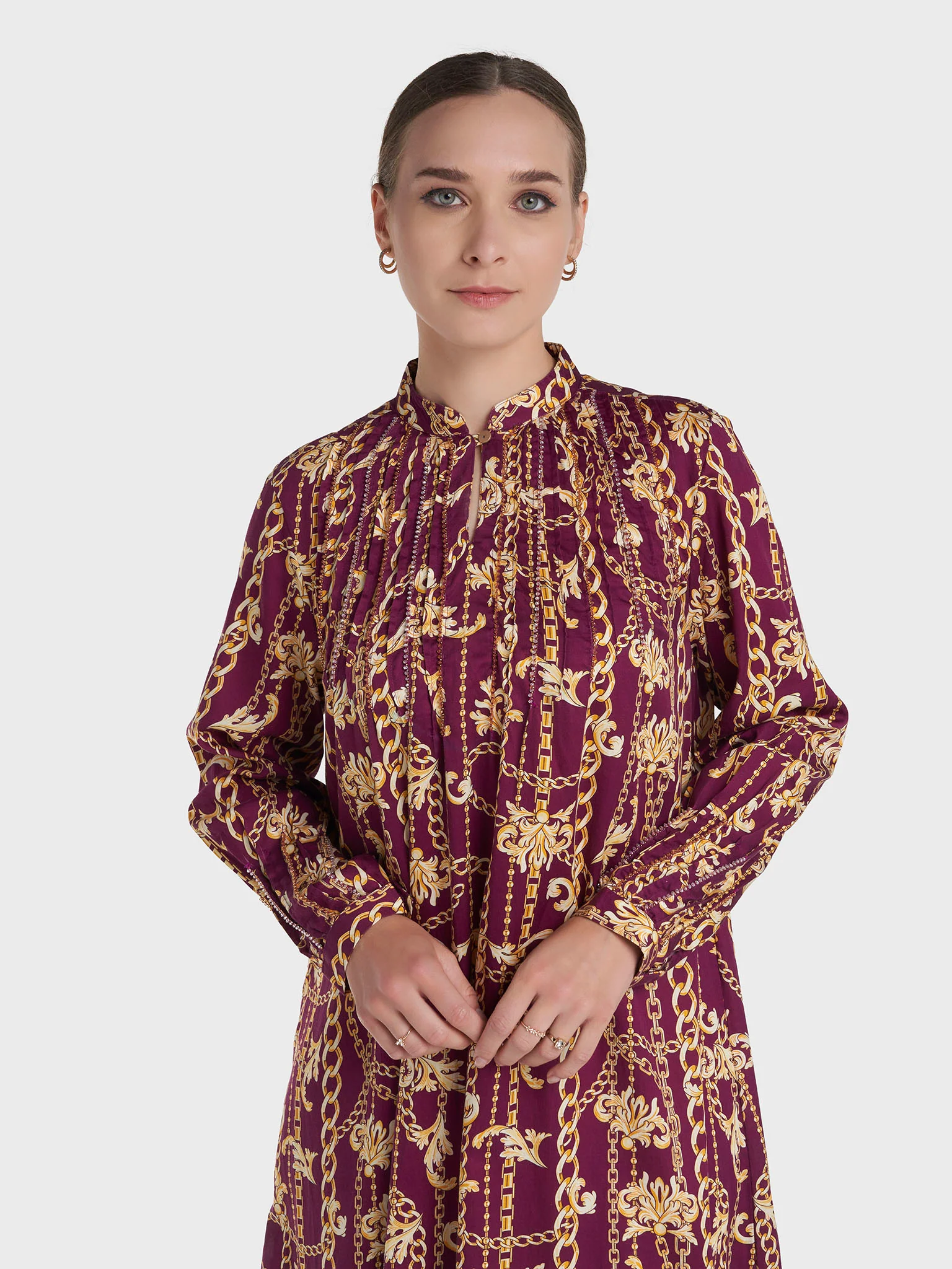 Wine Colour Hand Work Cotton Satin Abstract Printed Jalabiya (VW462)