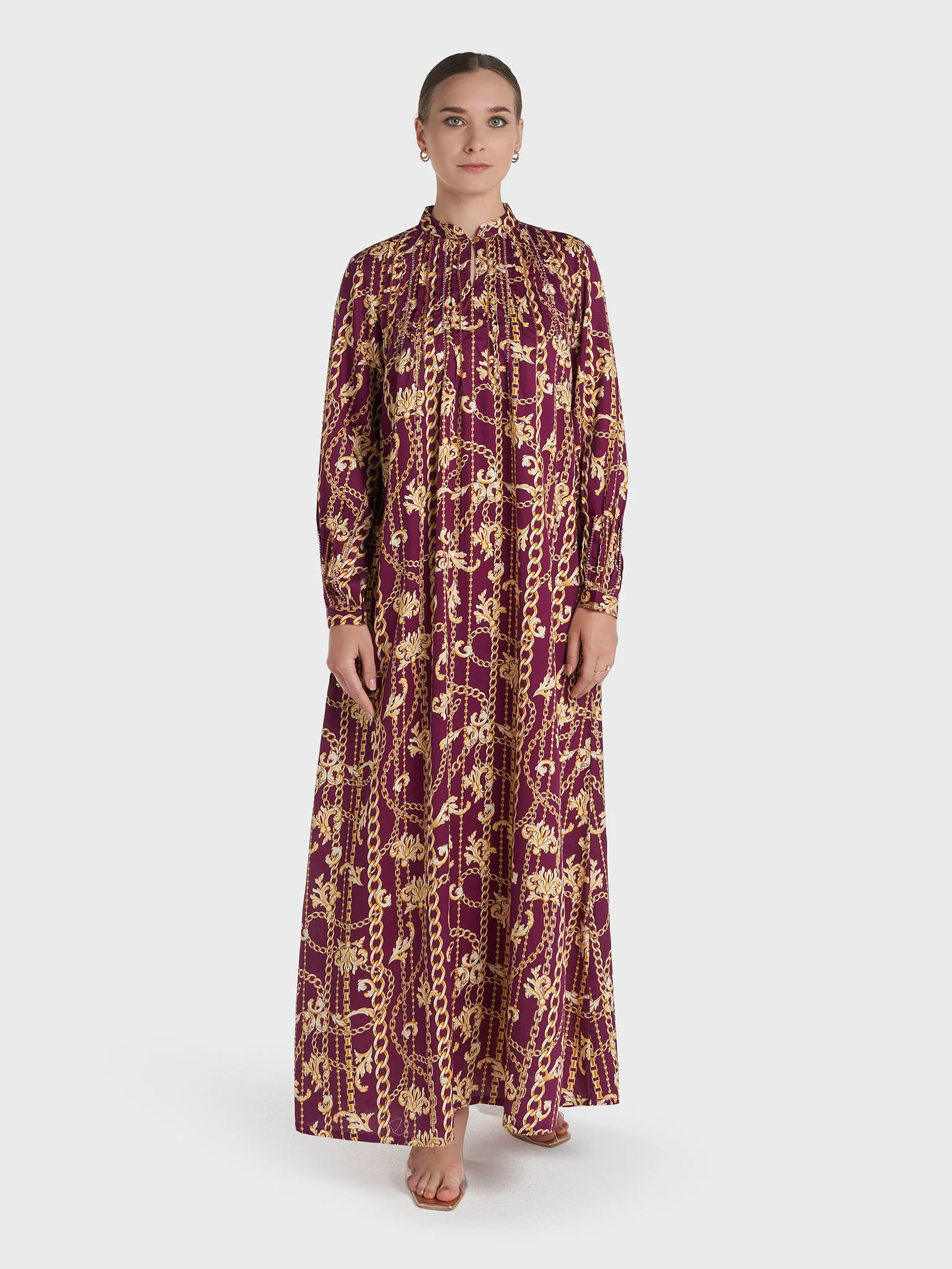 Wine Colour Hand Work Cotton Satin Abstract Printed Jalabiya (VW462) - Image 2