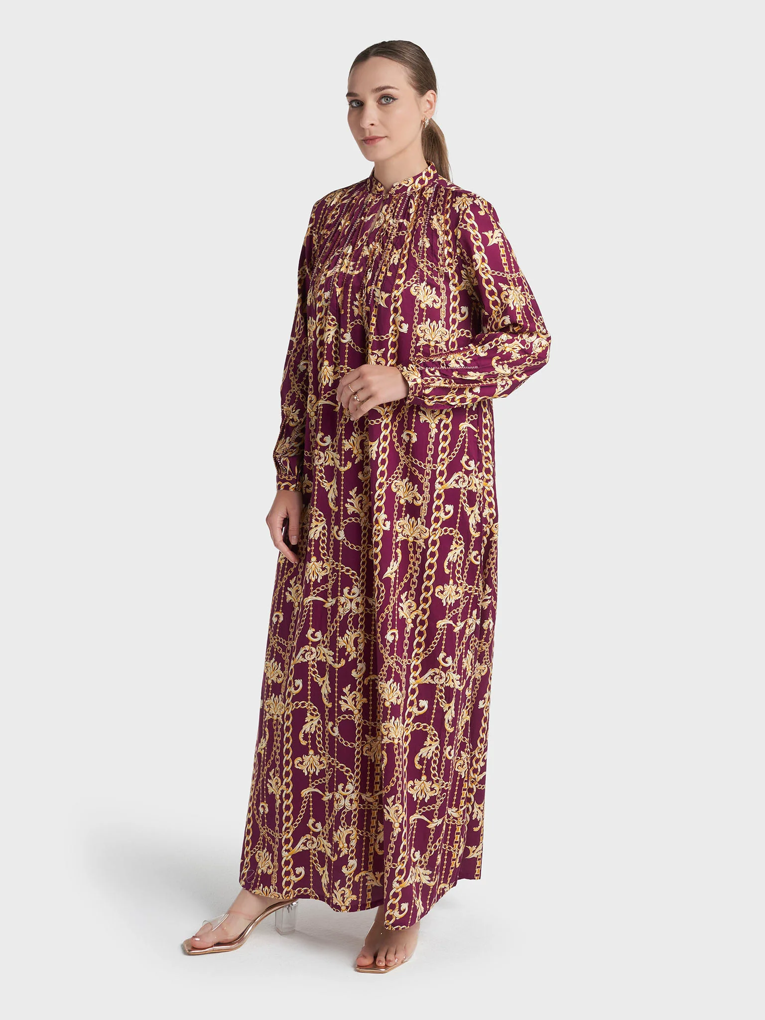 Wine Colour Hand Work Cotton Satin Abstract Printed Jalabiya (VW462) - Image 3