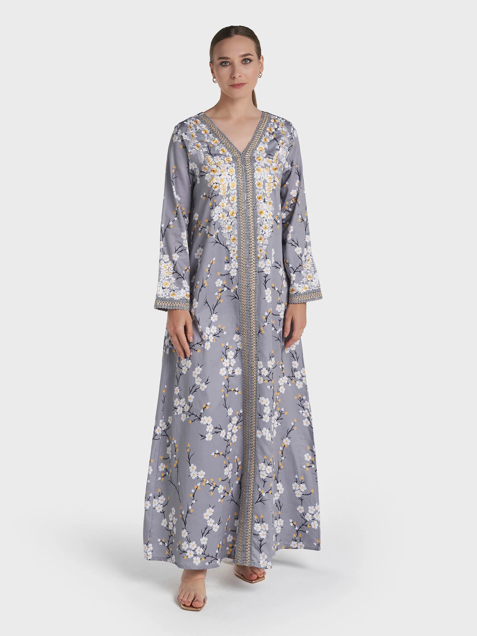 Grey Colour Machine Embroidery Cotton Satin Floral Printed Jalabiya (VW465) - Image 2