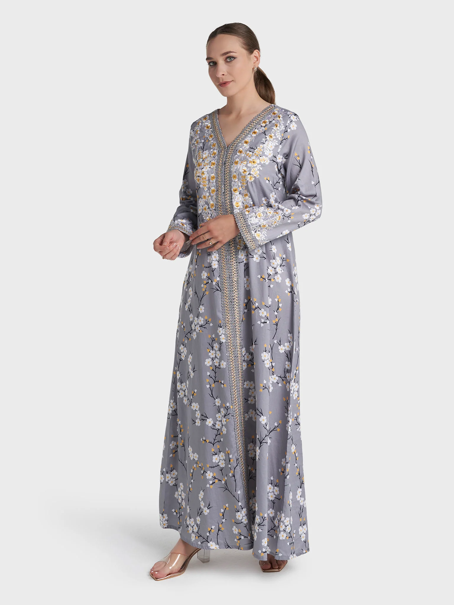 Grey Colour Machine Embroidery Cotton Satin Floral Printed Jalabiya (VW465) - Image 3