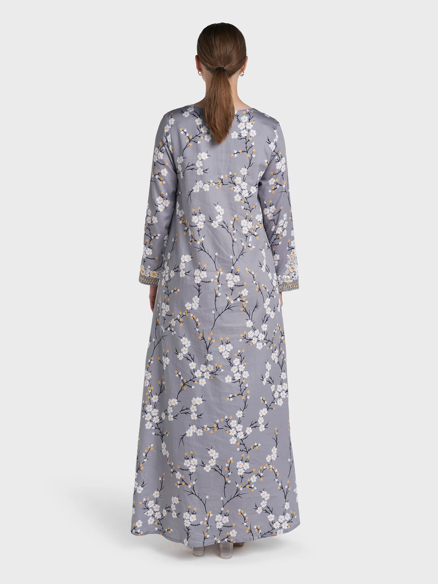 Grey Colour Machine Embroidery Cotton Satin Floral Printed Jalabiya (VW465) - Image 4