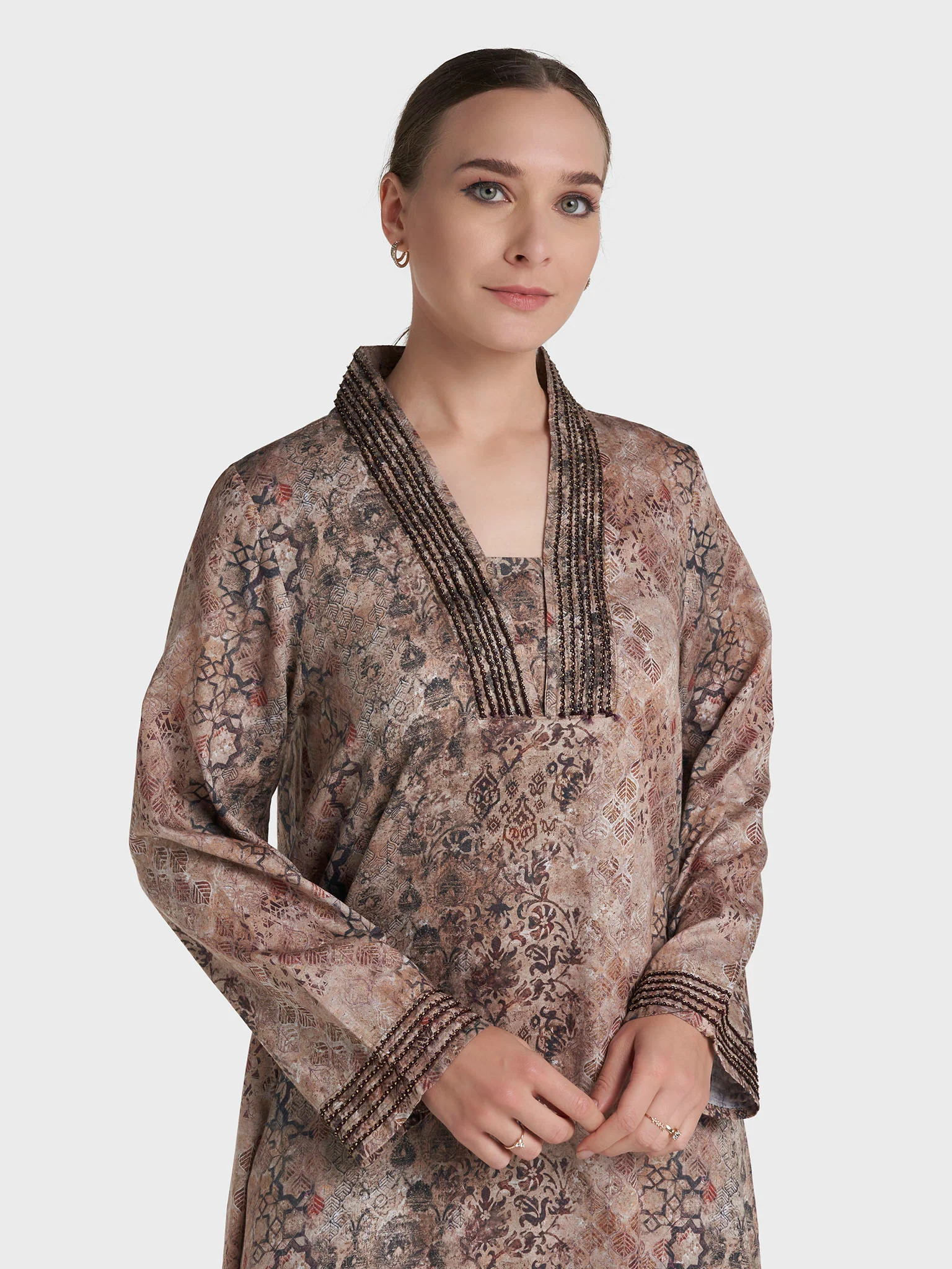 Dark Beige Colour Lace Work Cotton Satin Animal Printed Jalabiya (VW466)