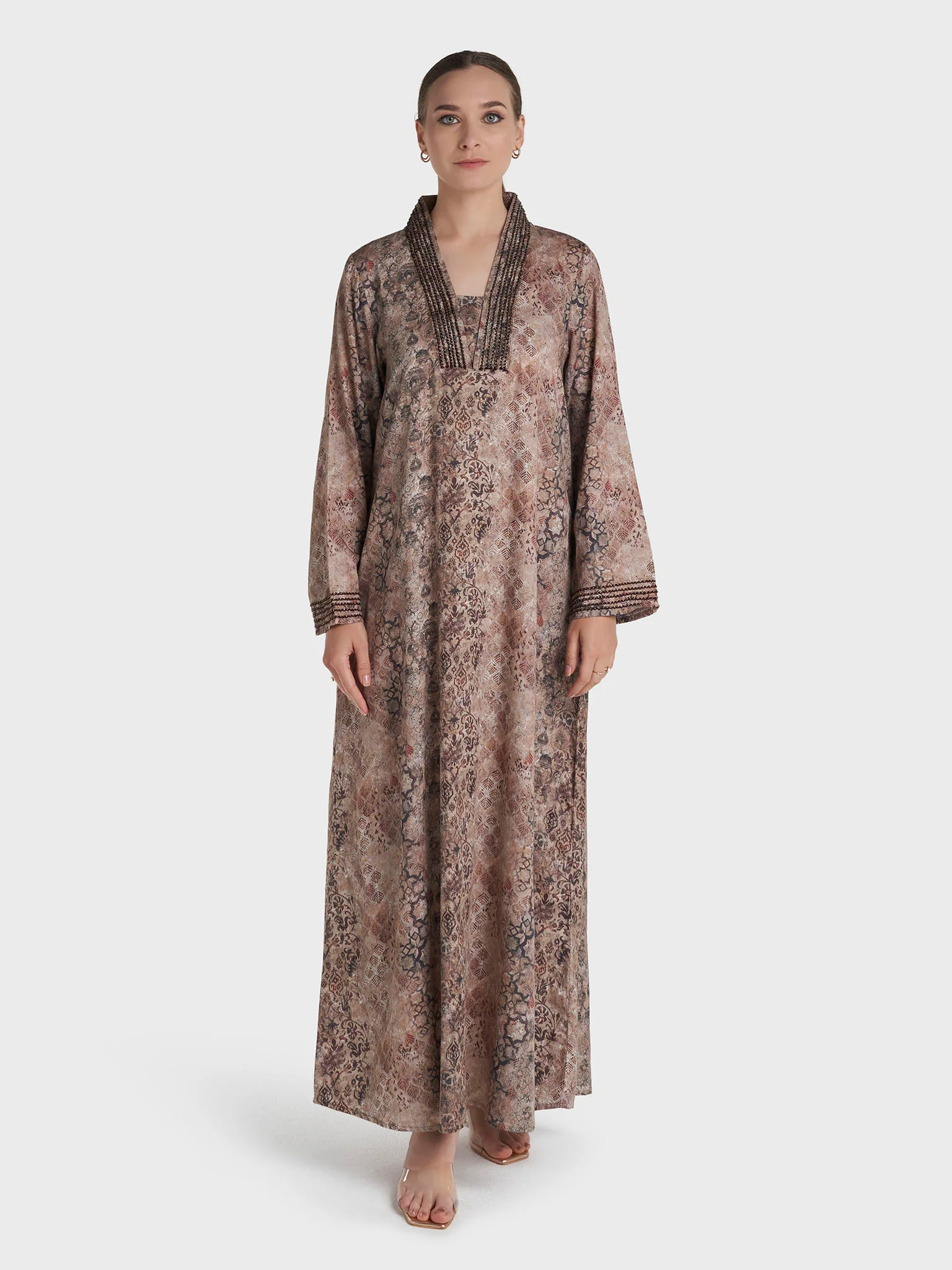 Dark Beige Colour Lace Work Cotton Satin Animal Printed Jalabiya (VW466) - Image 2