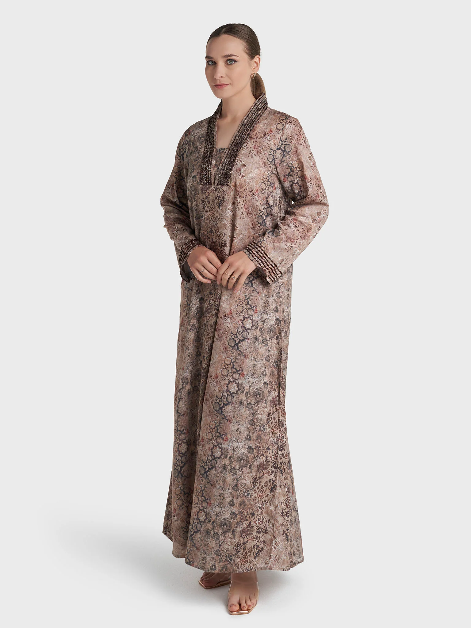 Dark Beige Colour Lace Work Cotton Satin Animal Printed Jalabiya (VW466) - Image 3