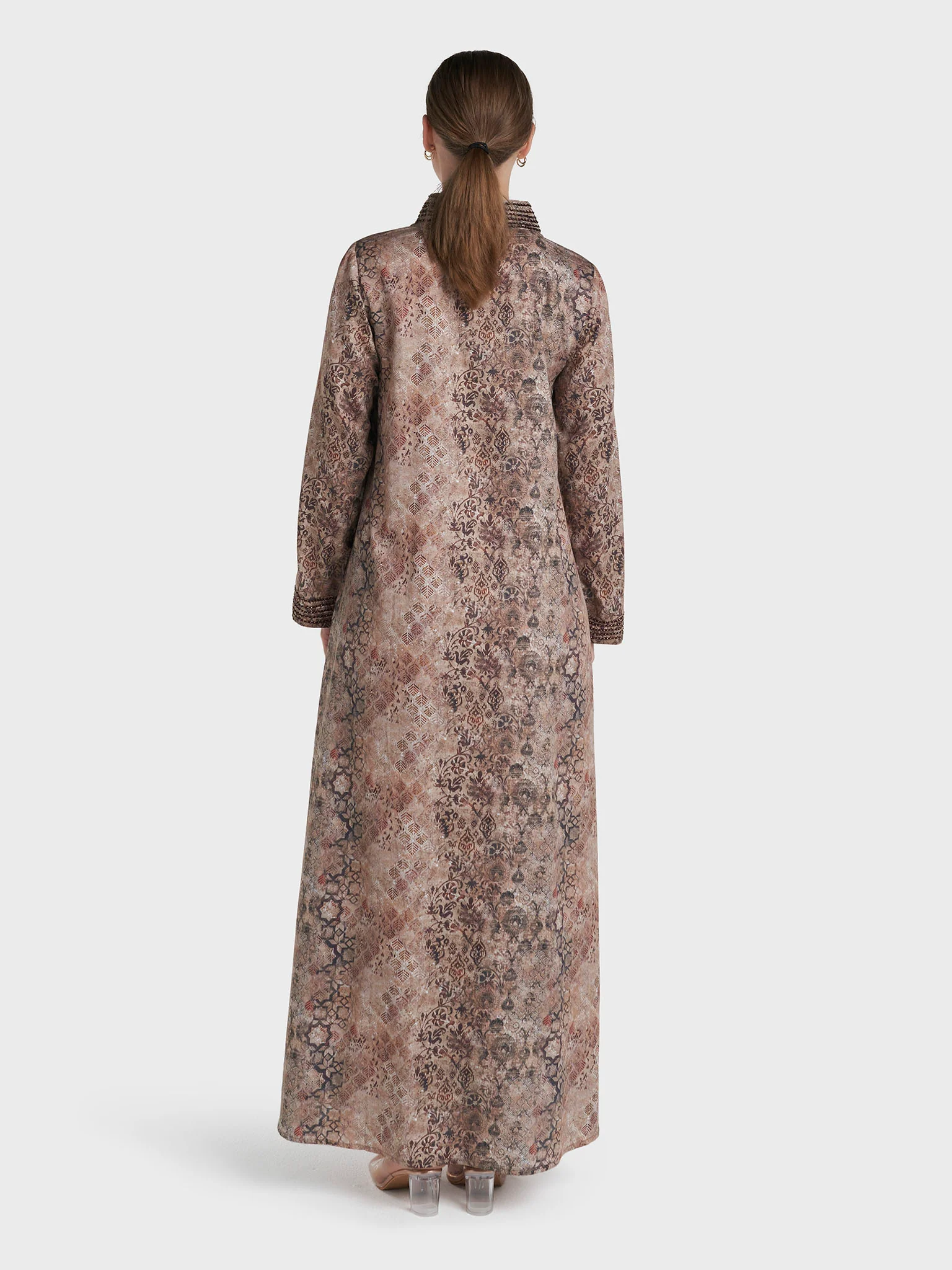 Dark Beige Colour Lace Work Cotton Satin Animal Printed Jalabiya (VW466) - Image 4