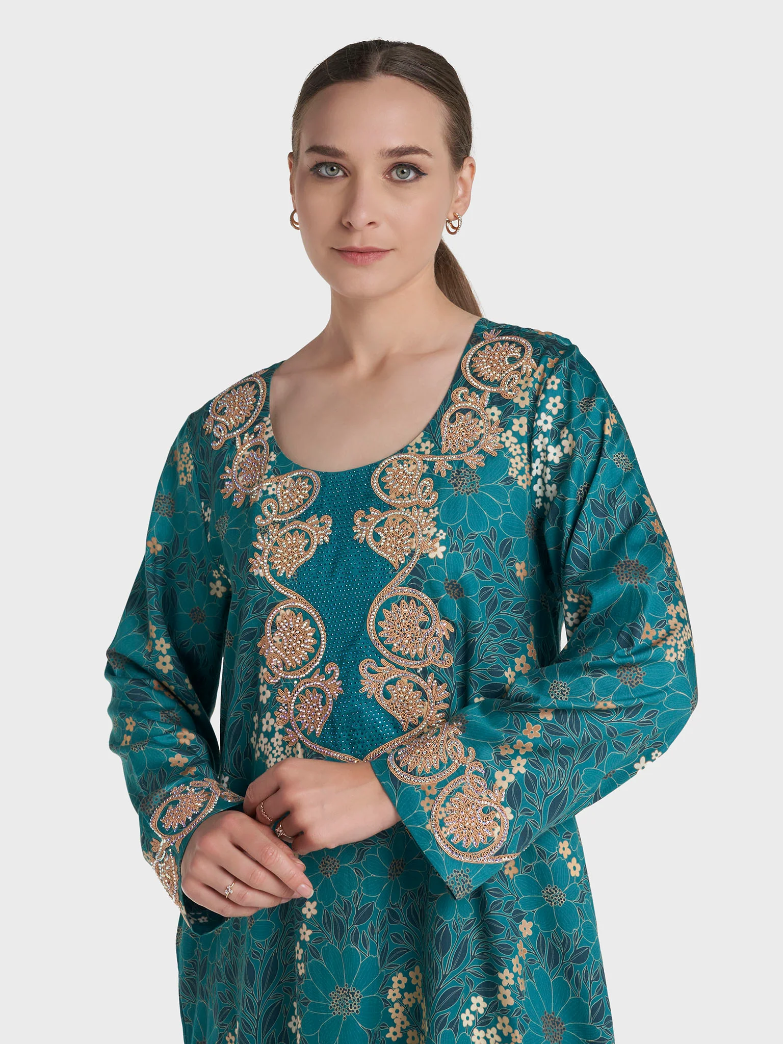 Teal Colour Stone Work Cotton Satin Floral Printed Jalabiya (VW487)