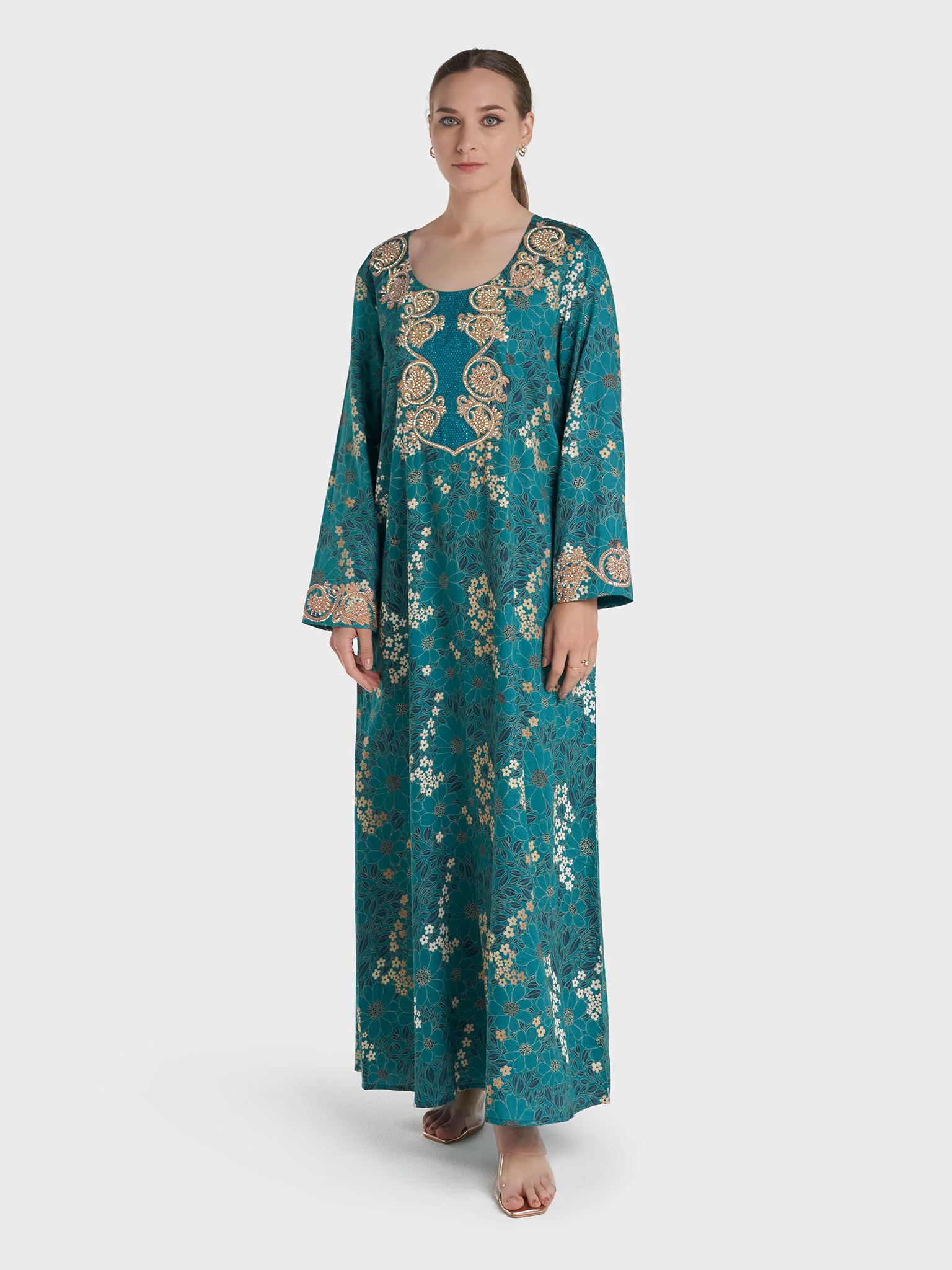 Teal Colour Stone Work Cotton Satin Floral Printed Jalabiya (VW487) - Image 2