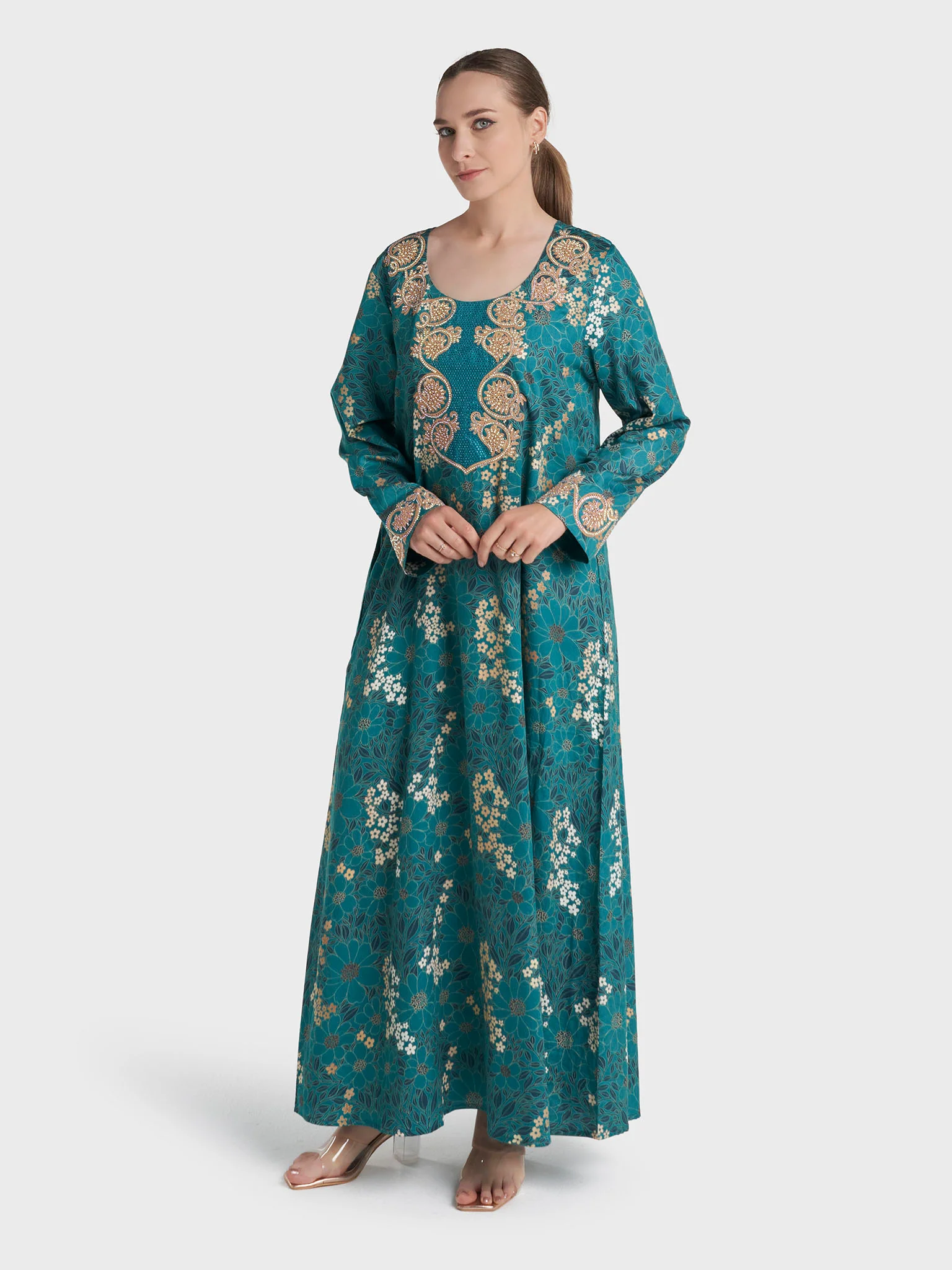 Teal Colour Stone Work Cotton Satin Floral Printed Jalabiya (VW487) - Image 3