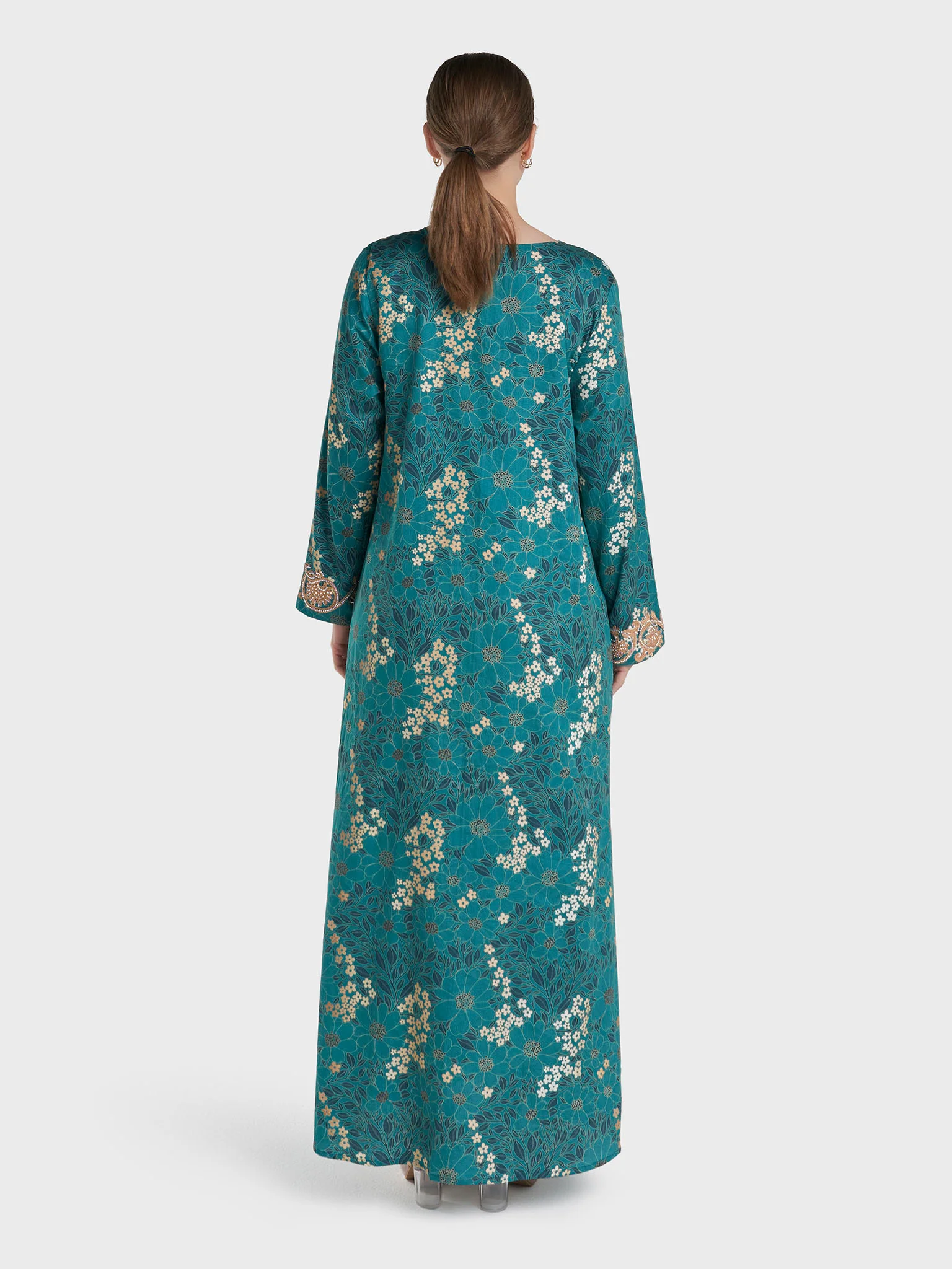 Teal Colour Stone Work Cotton Satin Floral Printed Jalabiya (VW487) - Image 4