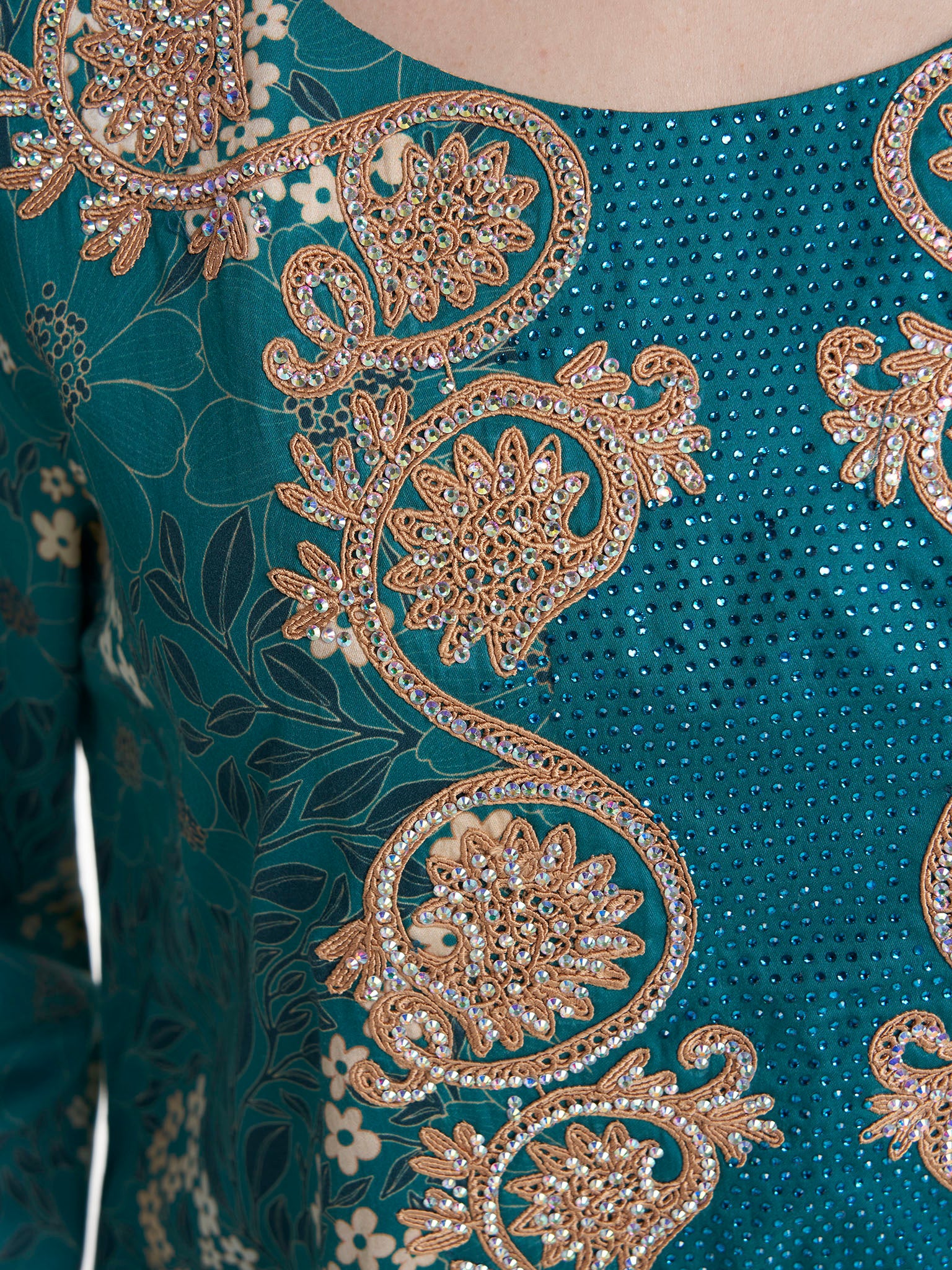 Teal Colour Stone Work Cotton Satin Floral Printed Jalabiya (VW487) - Image 5