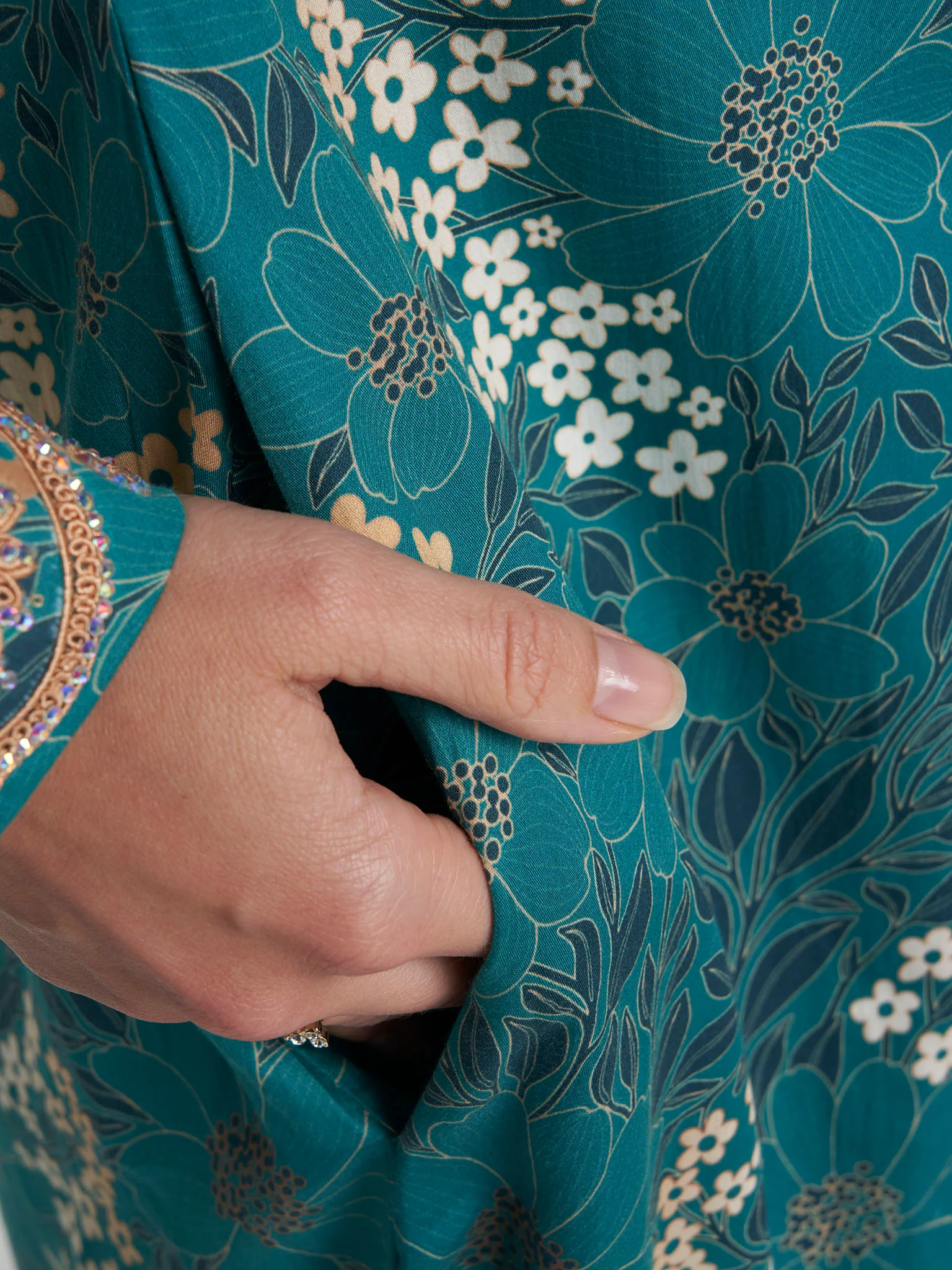 Teal Colour Stone Work Cotton Satin Floral Printed Jalabiya (VW487) - Image 6