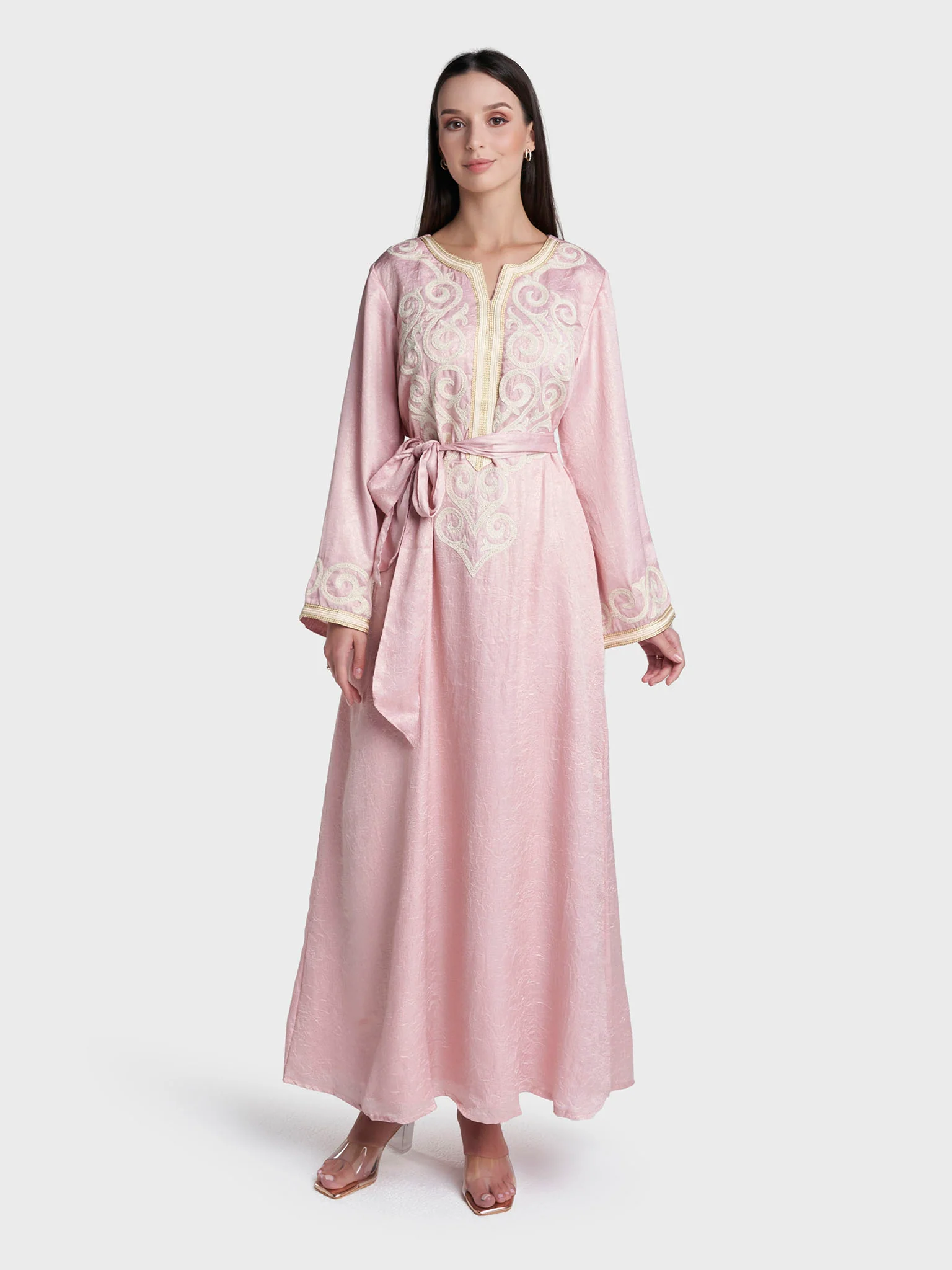 Dusty Pink Colour Hand Embroidery Tashan Silk Jalabiya (VW497) - Image 2