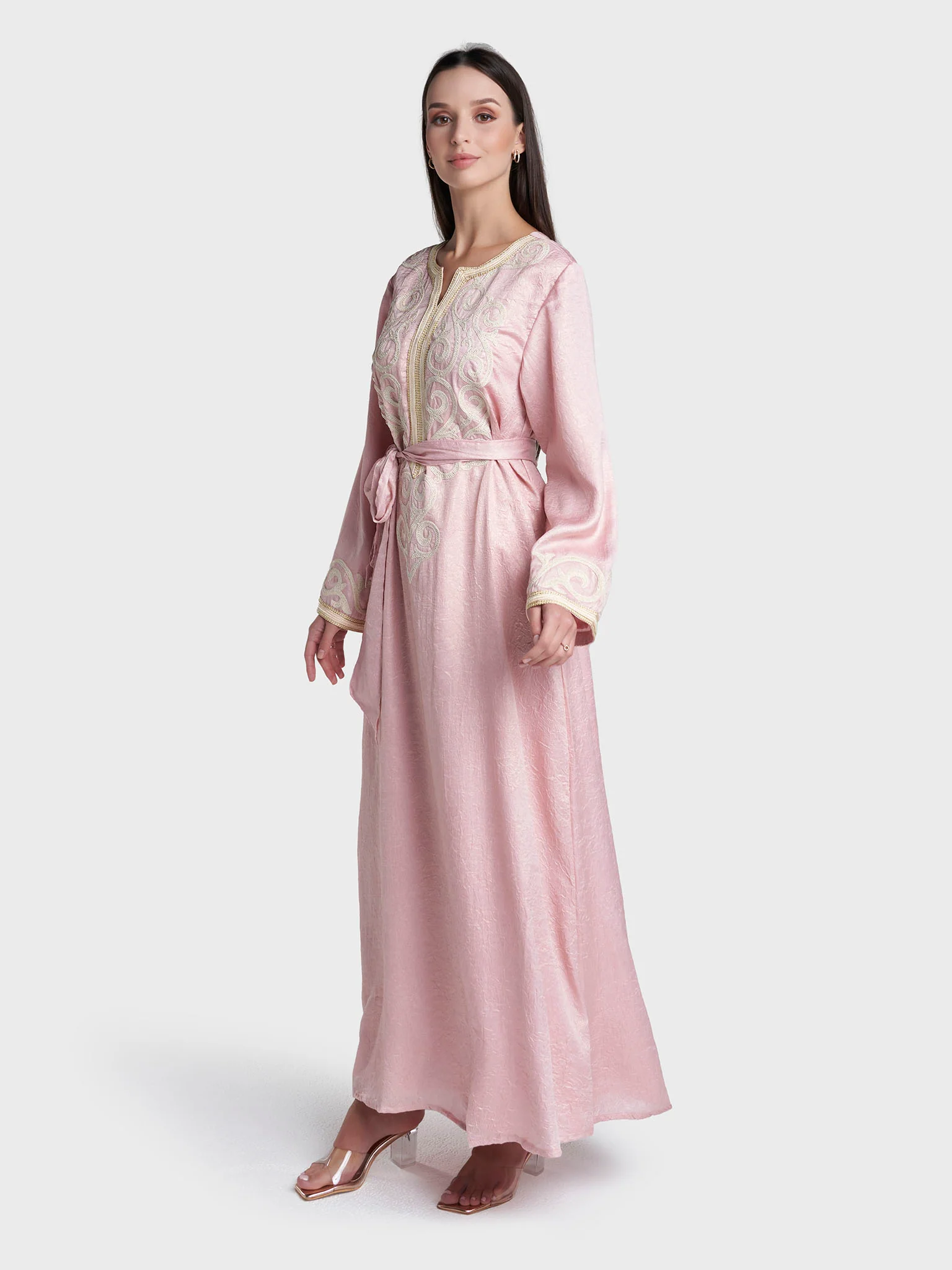Dusty Pink Colour Hand Embroidery Tashan Silk Jalabiya (VW497) - Image 3