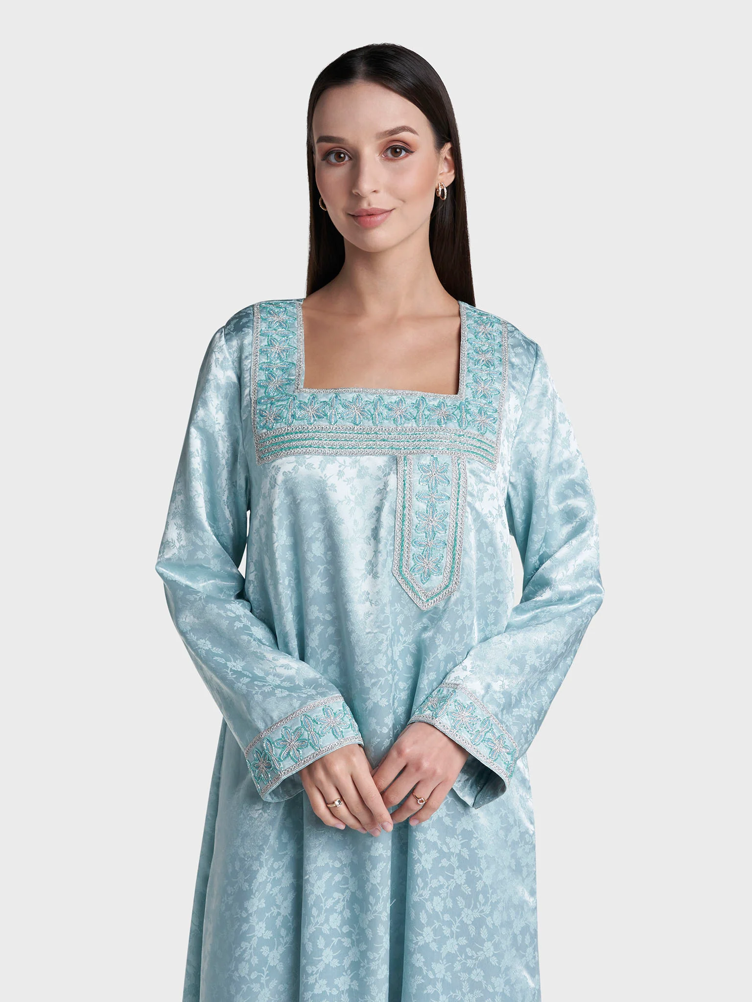 Mint Green Colour Jacquard Print Hand Work Jalabiya (VW498)