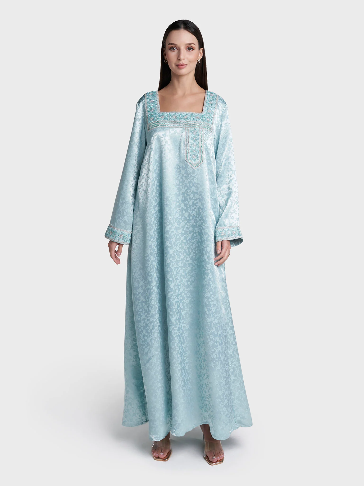 Mint Green Colour Jacquard Print Hand Work Jalabiya (VW498) - Image 2