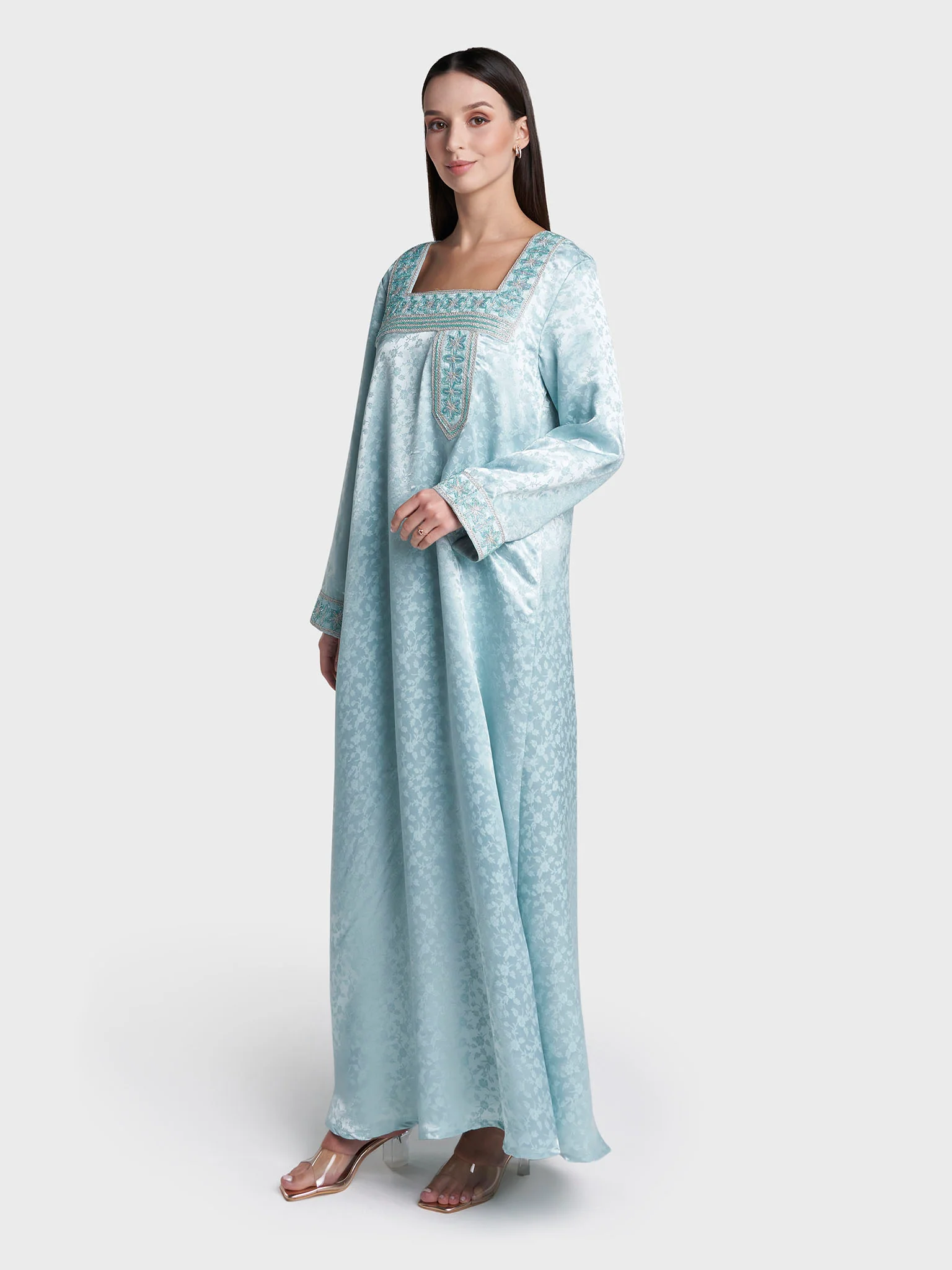 Mint Green Colour Jacquard Print Hand Work Jalabiya (VW498) - Image 3
