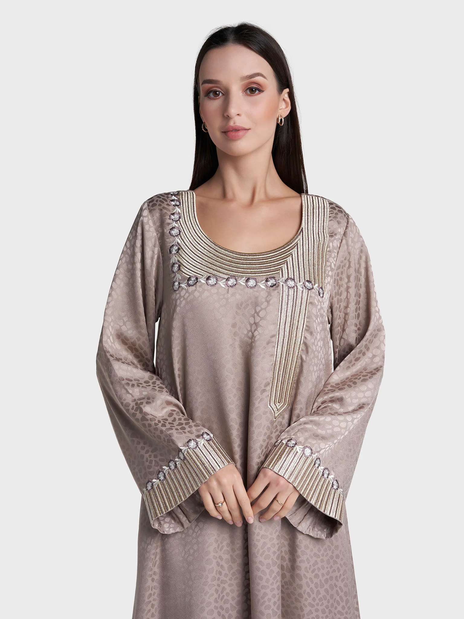 Mud Beige Colour Jacquard Poly Jacquard Solid Jalabiya (VW501)