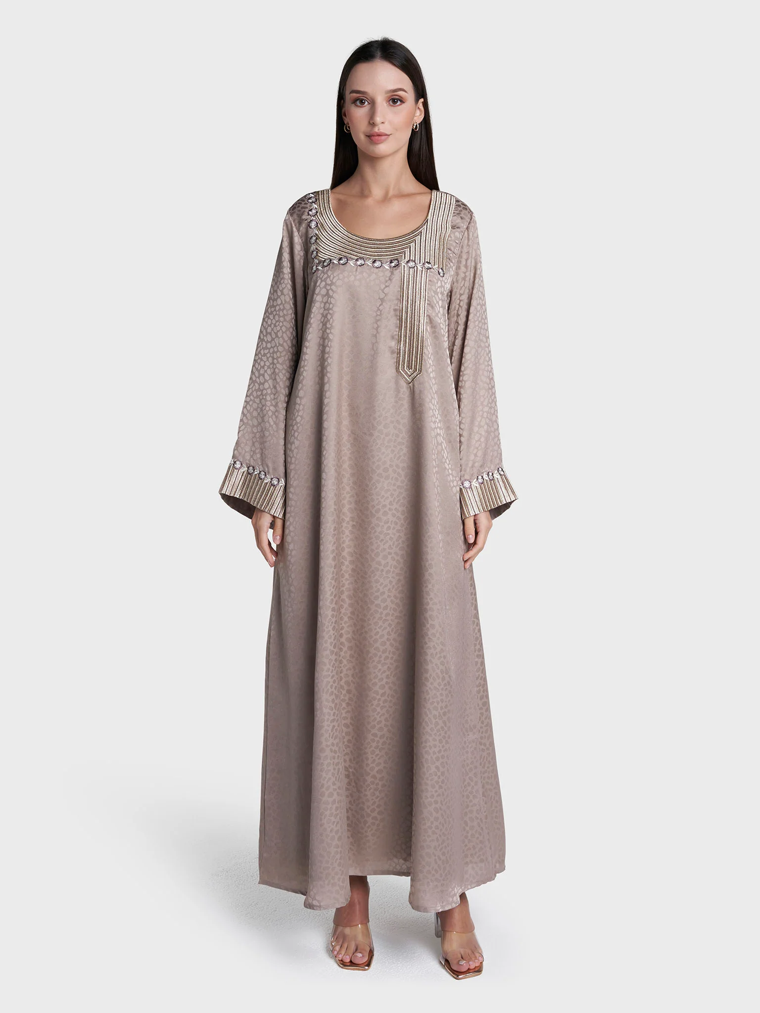Mud Beige Colour Jacquard Poly Jacquard Solid Jalabiya (VW501) - Image 2