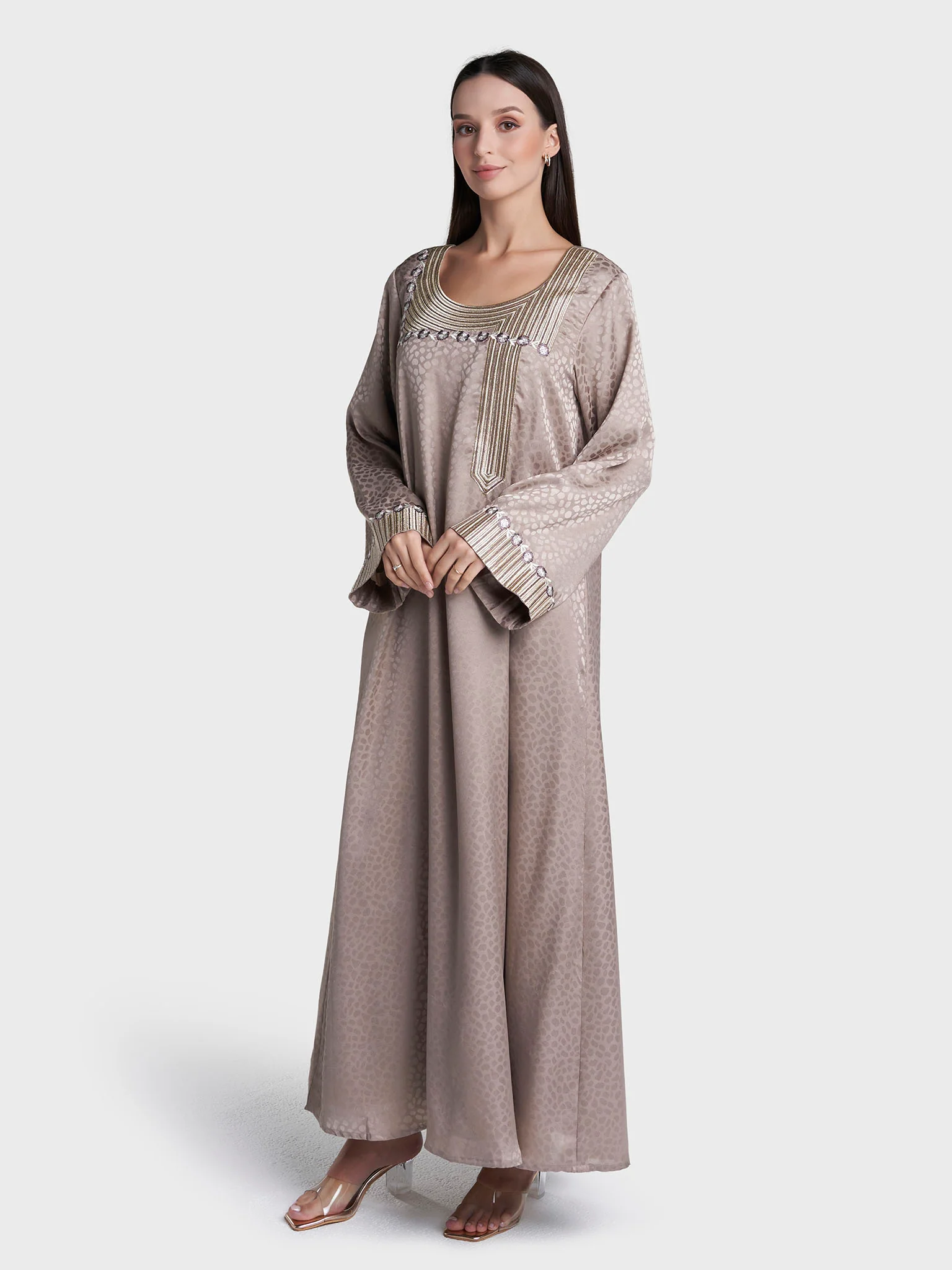 Mud Beige Colour Jacquard Poly Jacquard Solid Jalabiya (VW501) - Image 3
