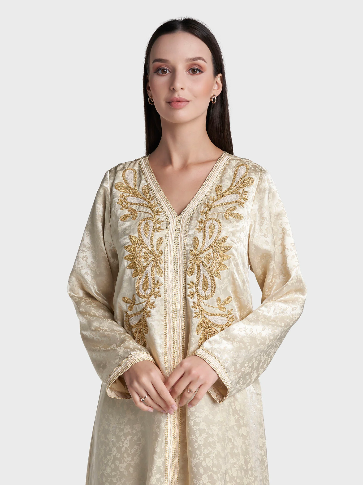 Beige Colour Jacquard Poly Jacquard Solid Jalabiya (VW504)