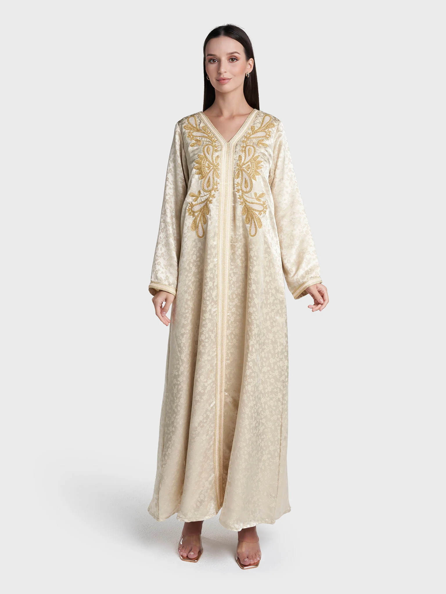 Beige Colour Jacquard Poly Jacquard Solid Jalabiya (VW504) - Image 2