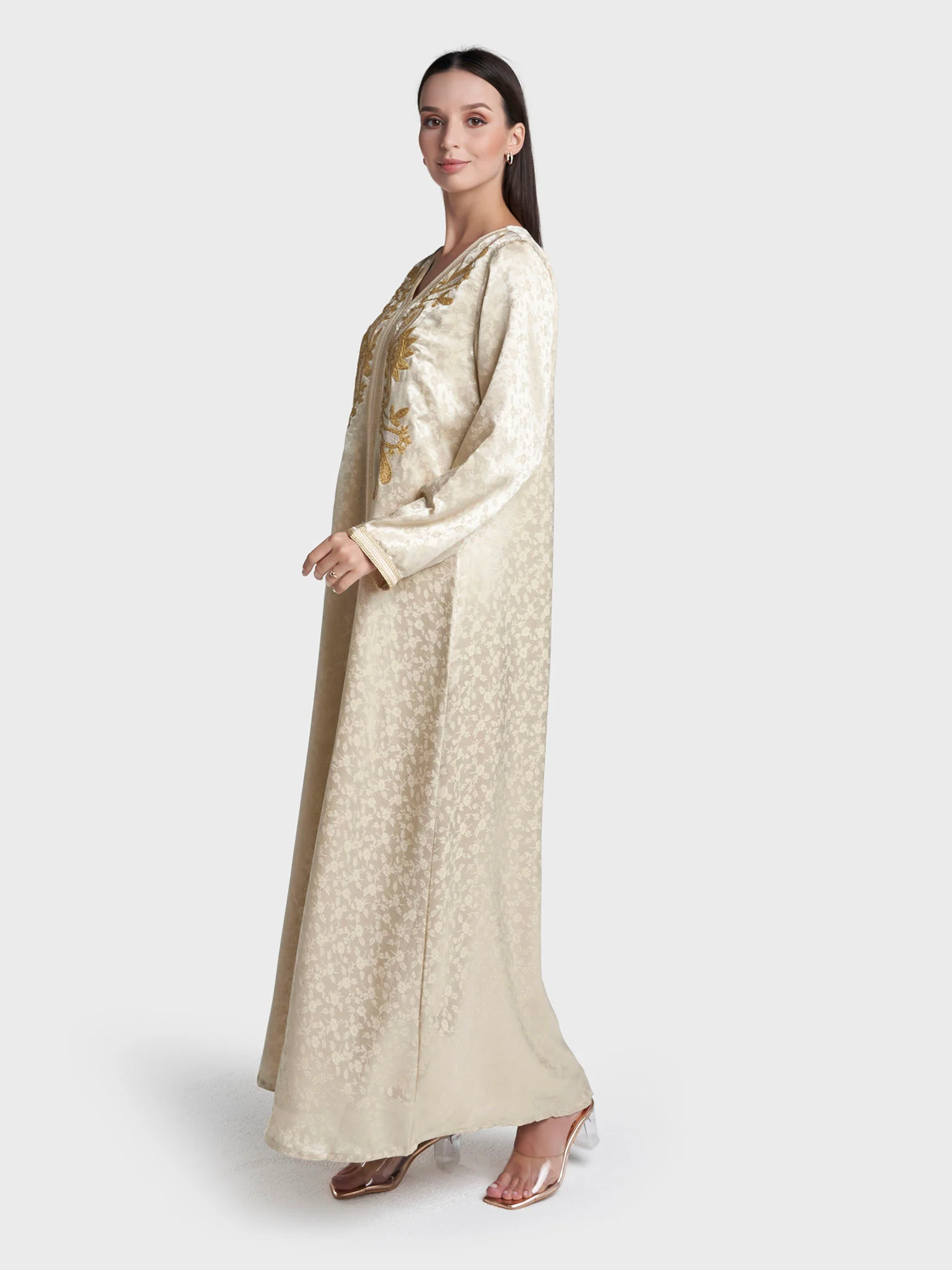Beige Colour Jacquard Poly Jacquard Solid Jalabiya (VW504) - Image 3