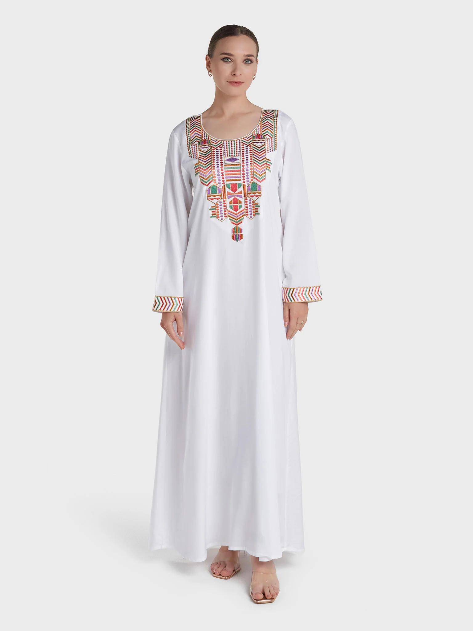 White Colour Machine Embroidery Rayon Jalabiya (VW508) - Image 2