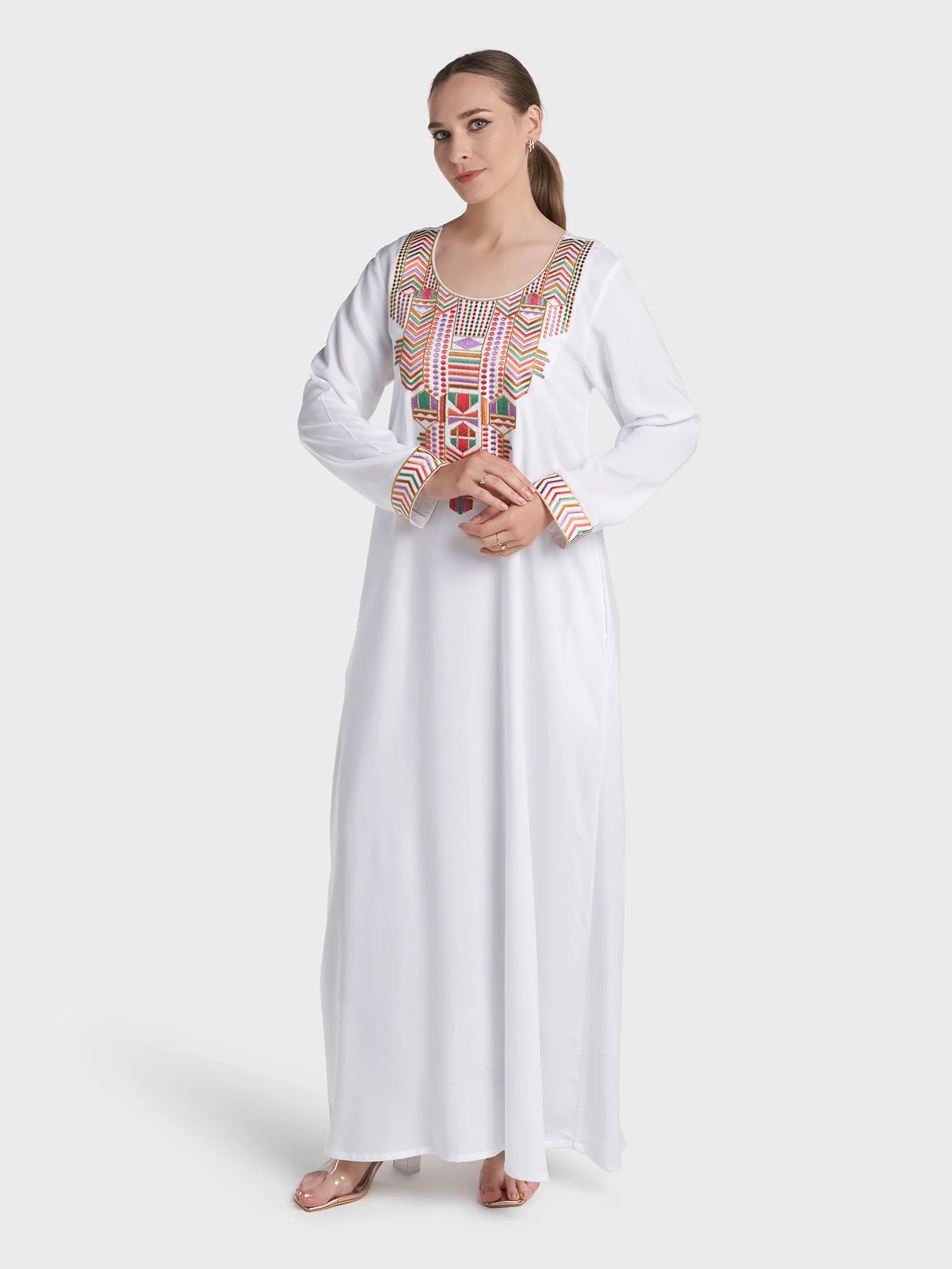 White Colour Machine Embroidery Rayon Jalabiya (VW508) - Image 3