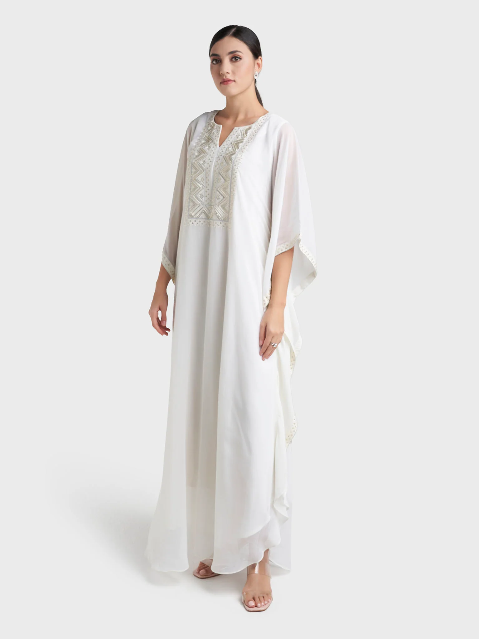 Ivory Colour Georgette Embroidered Stone Work Farasha Jalabiya (VW426) - Image 3