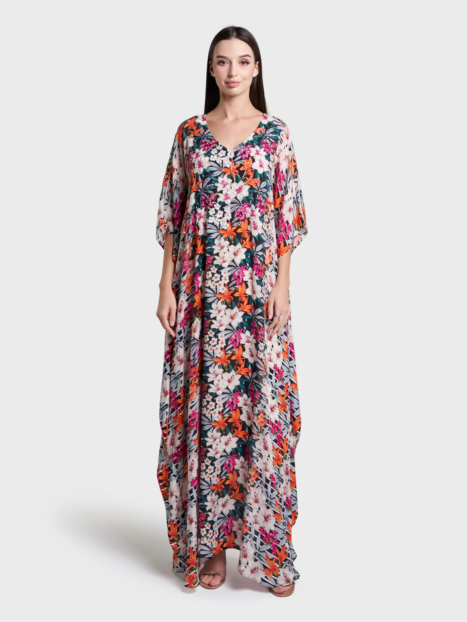 Multicolour Floral Printed Viscose Hand Work Jalabiya (VW473) - Image 3