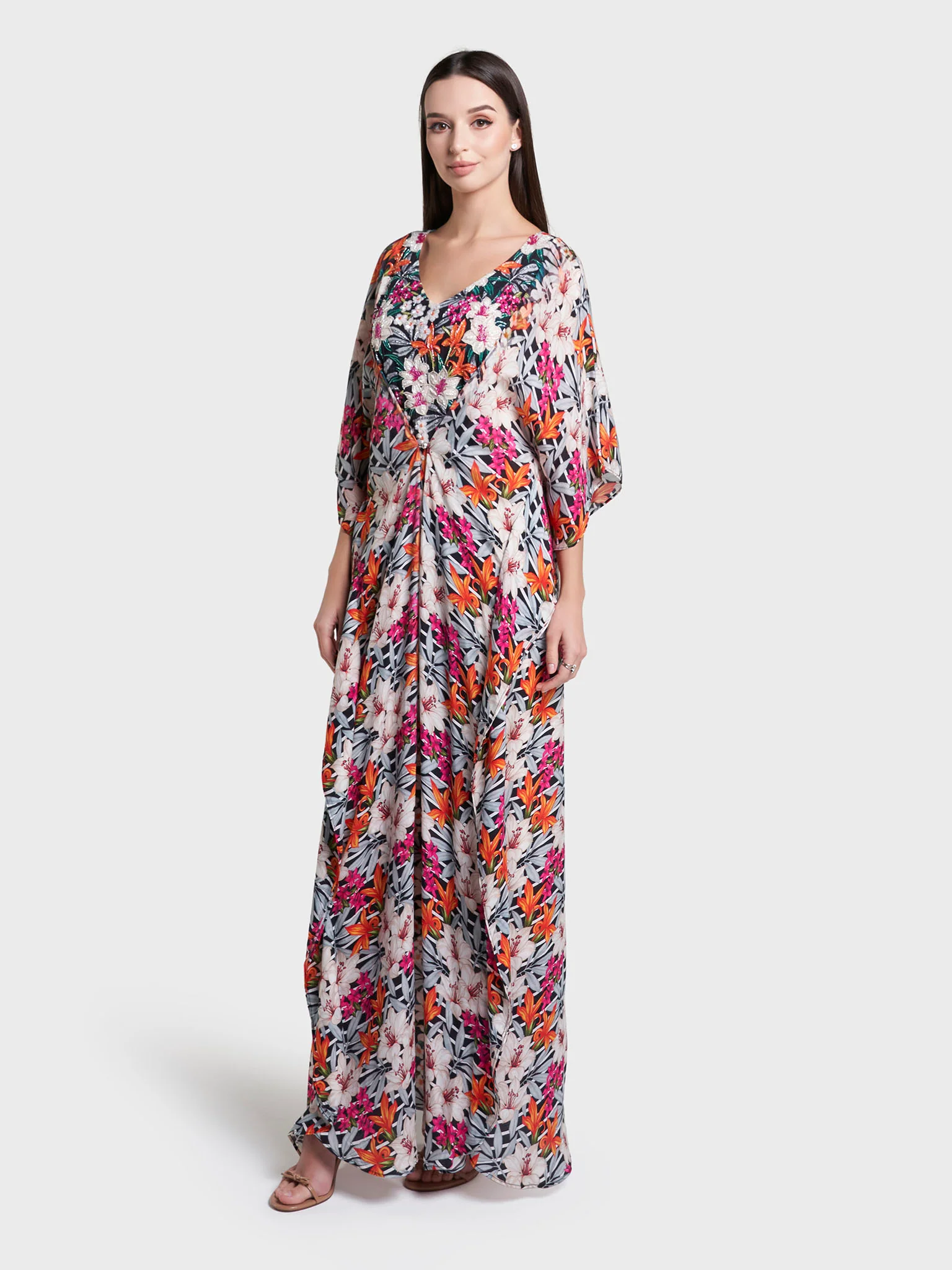 Multicolour Floral Printed Viscose Hand Work Jalabiya (VW473) - Image 4