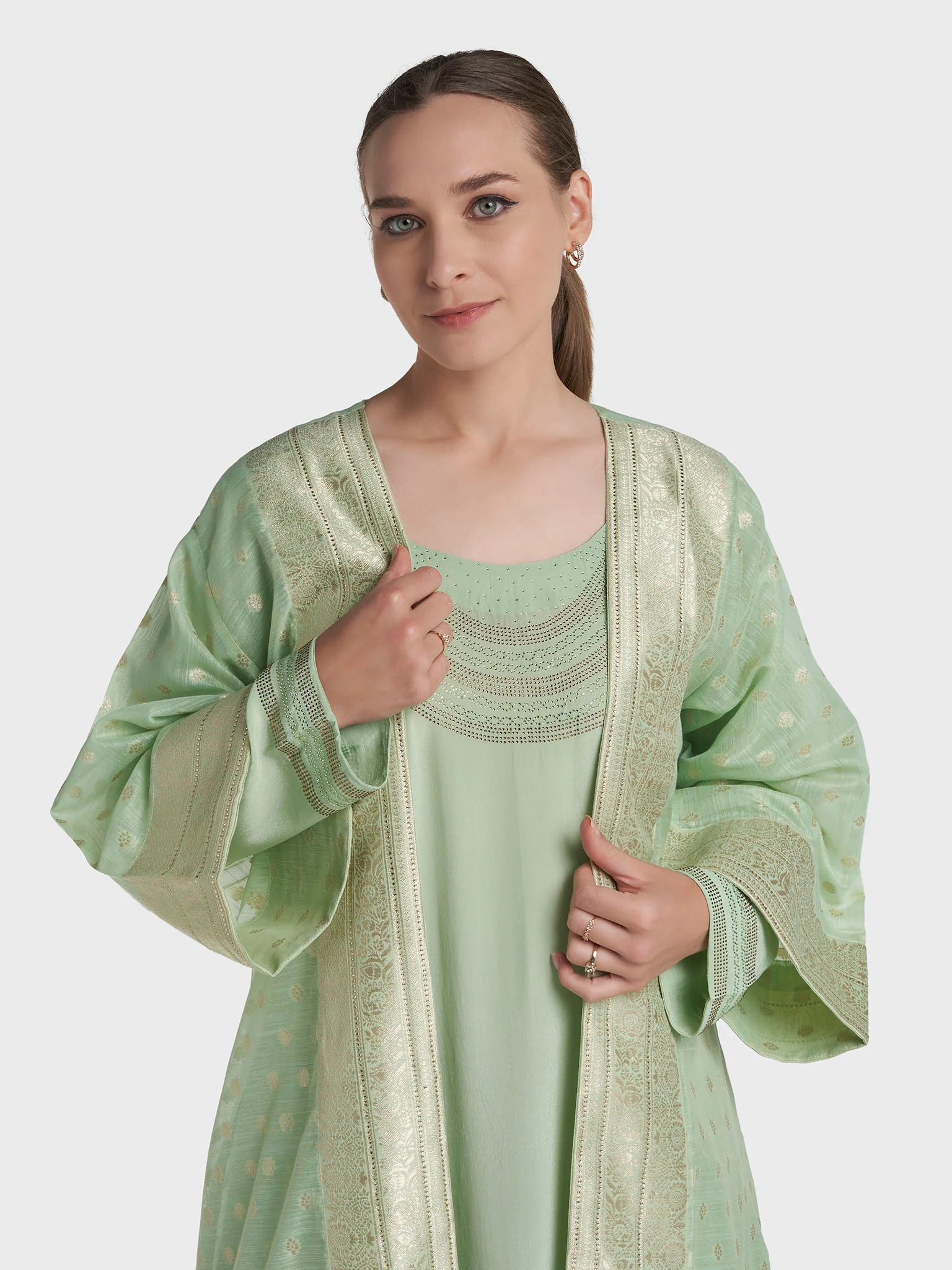Pistachio Green Colour Stone Work Organza Jalabiya (VG3207)