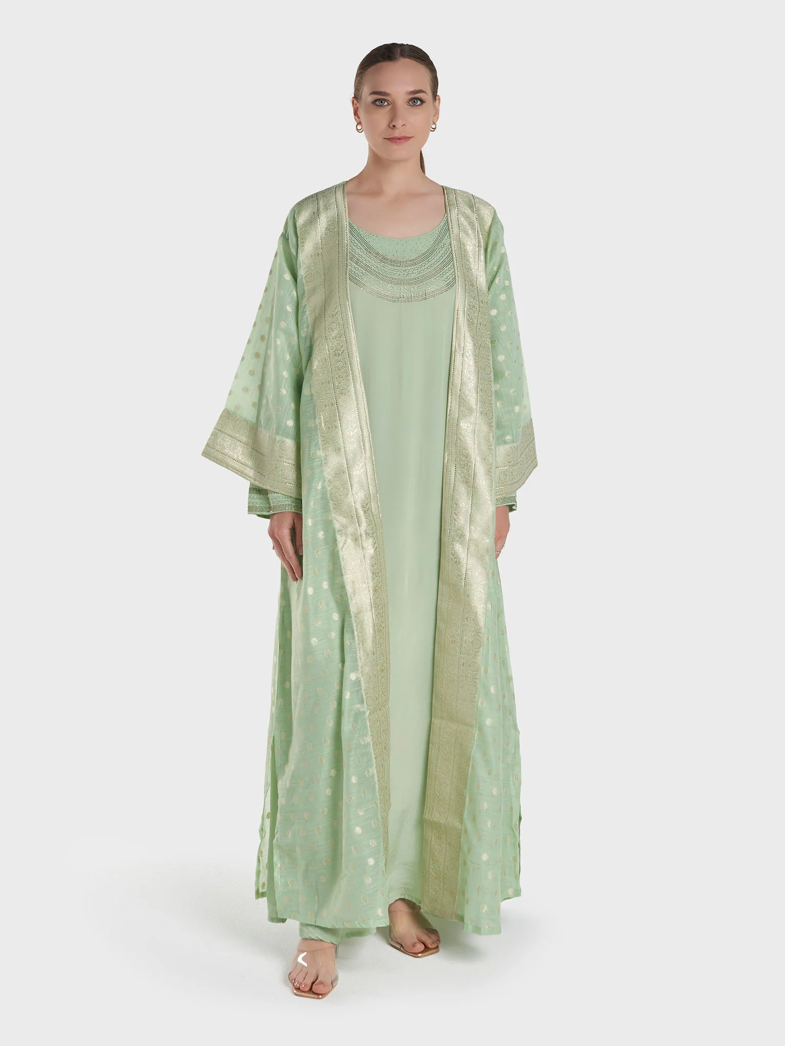 Pistachio Green Colour Stone Work Organza Jalabiya (VG3207) - Image 2