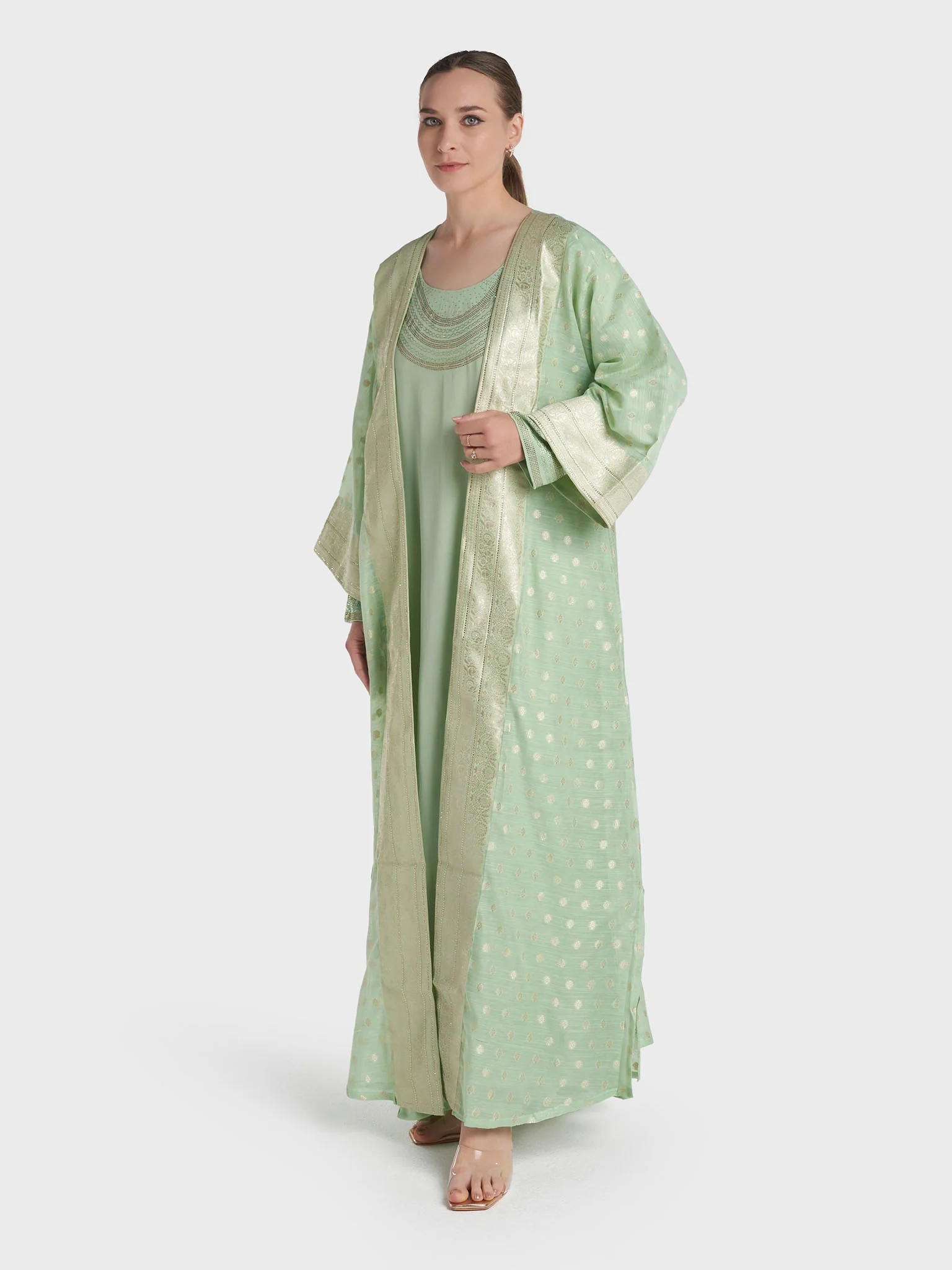 Pistachio Green Colour Stone Work Organza Jalabiya (VG3207) - Image 4
