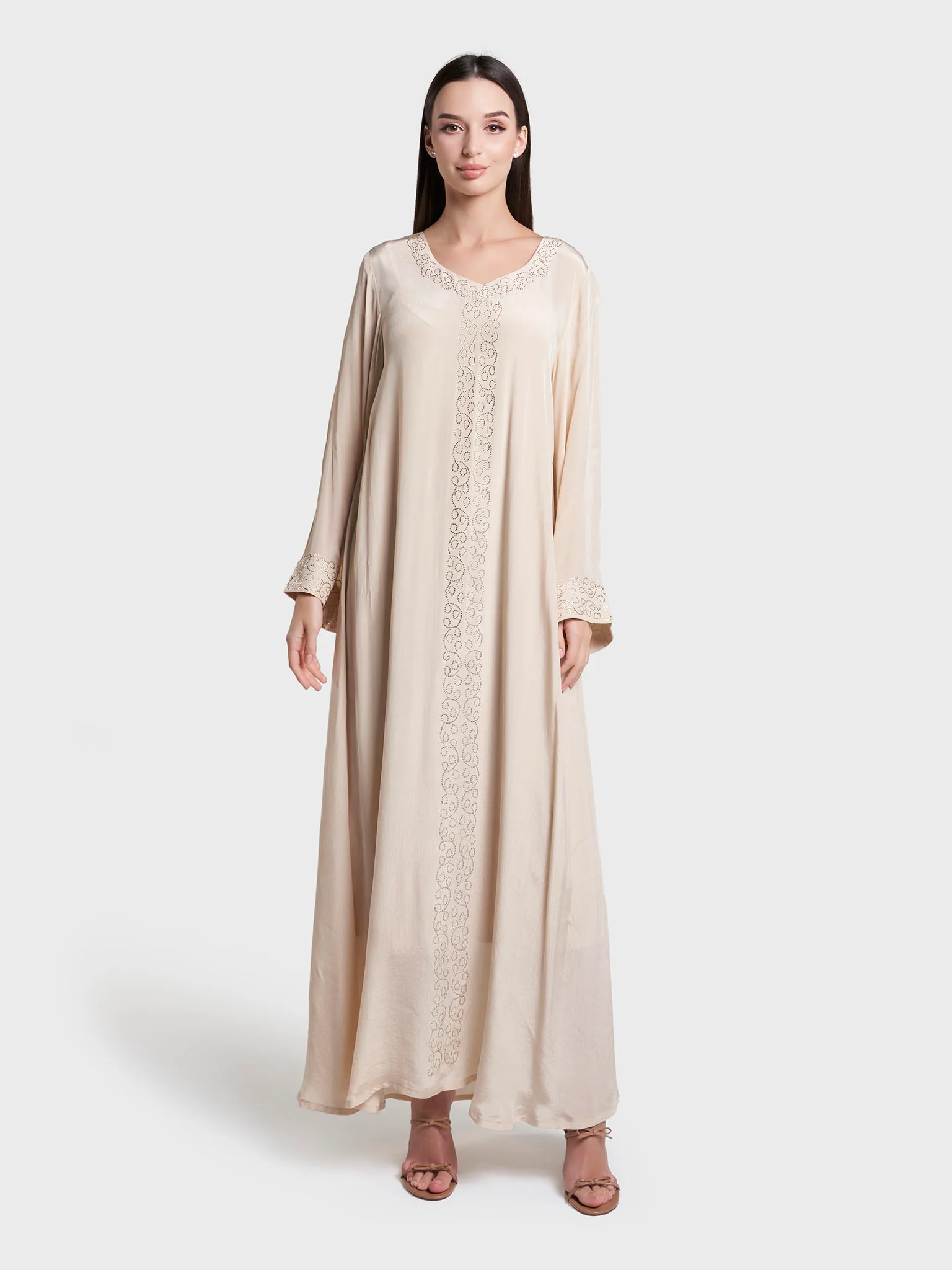 Beige Colour Solid Polyester Stone Work Jalabiya (VG3241) - Image 3