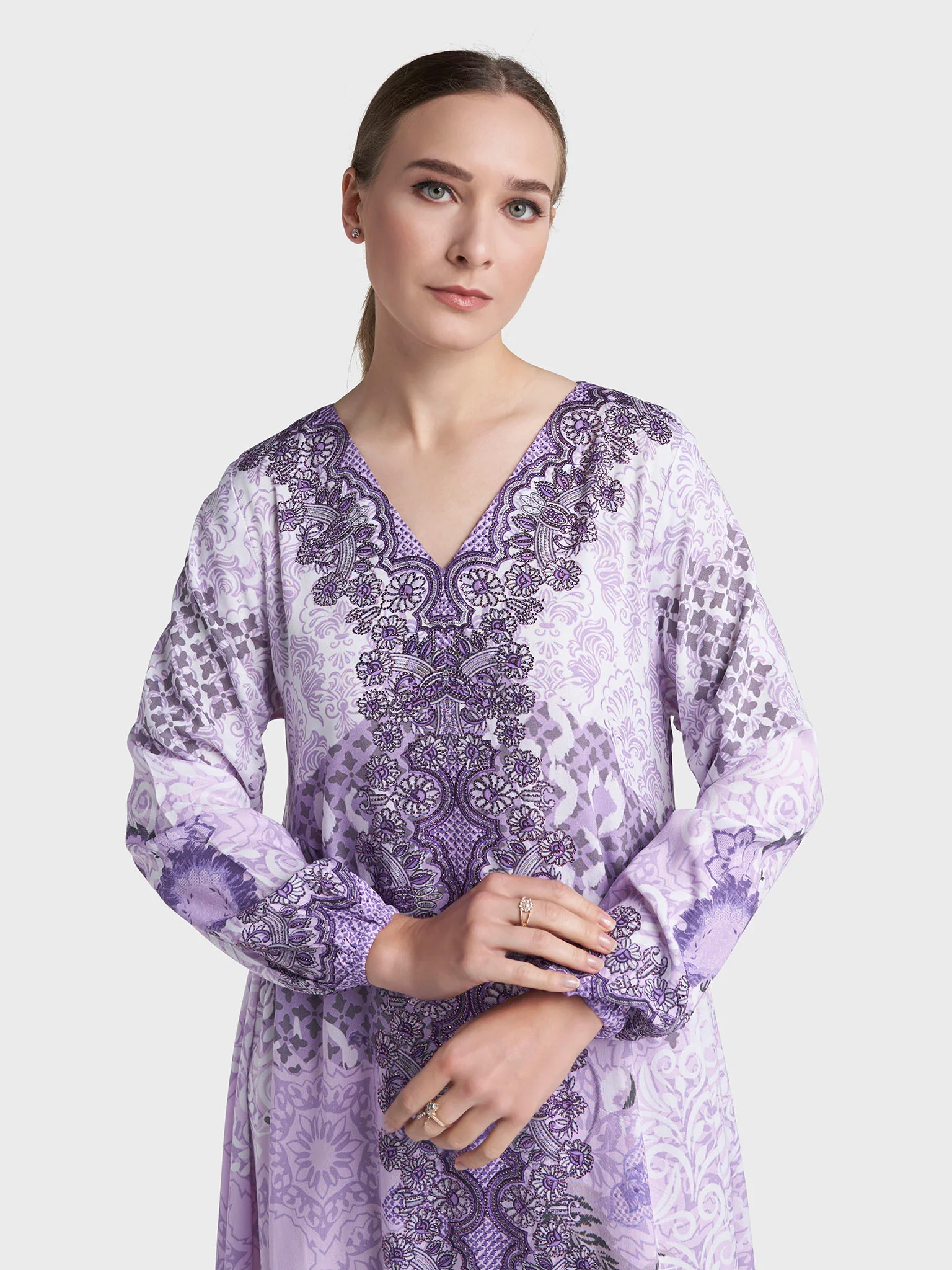 Lavender Colour Stone Work Rayon Motif Printed Jalabiya (VDC105)
