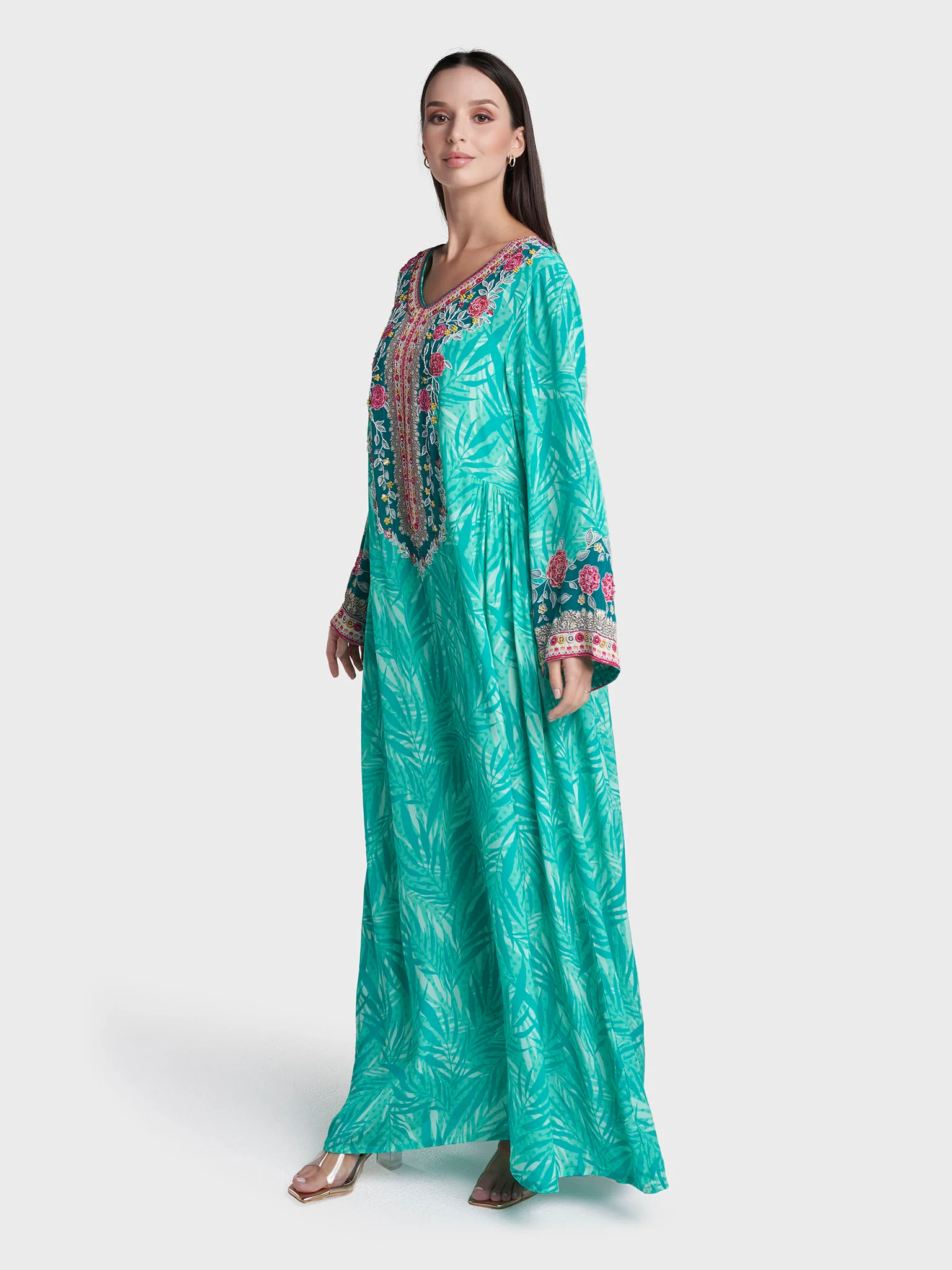 Green Colour Hand Work Viscose Crepe Leaf Printed Jalabiya (VDC78) - Image 3