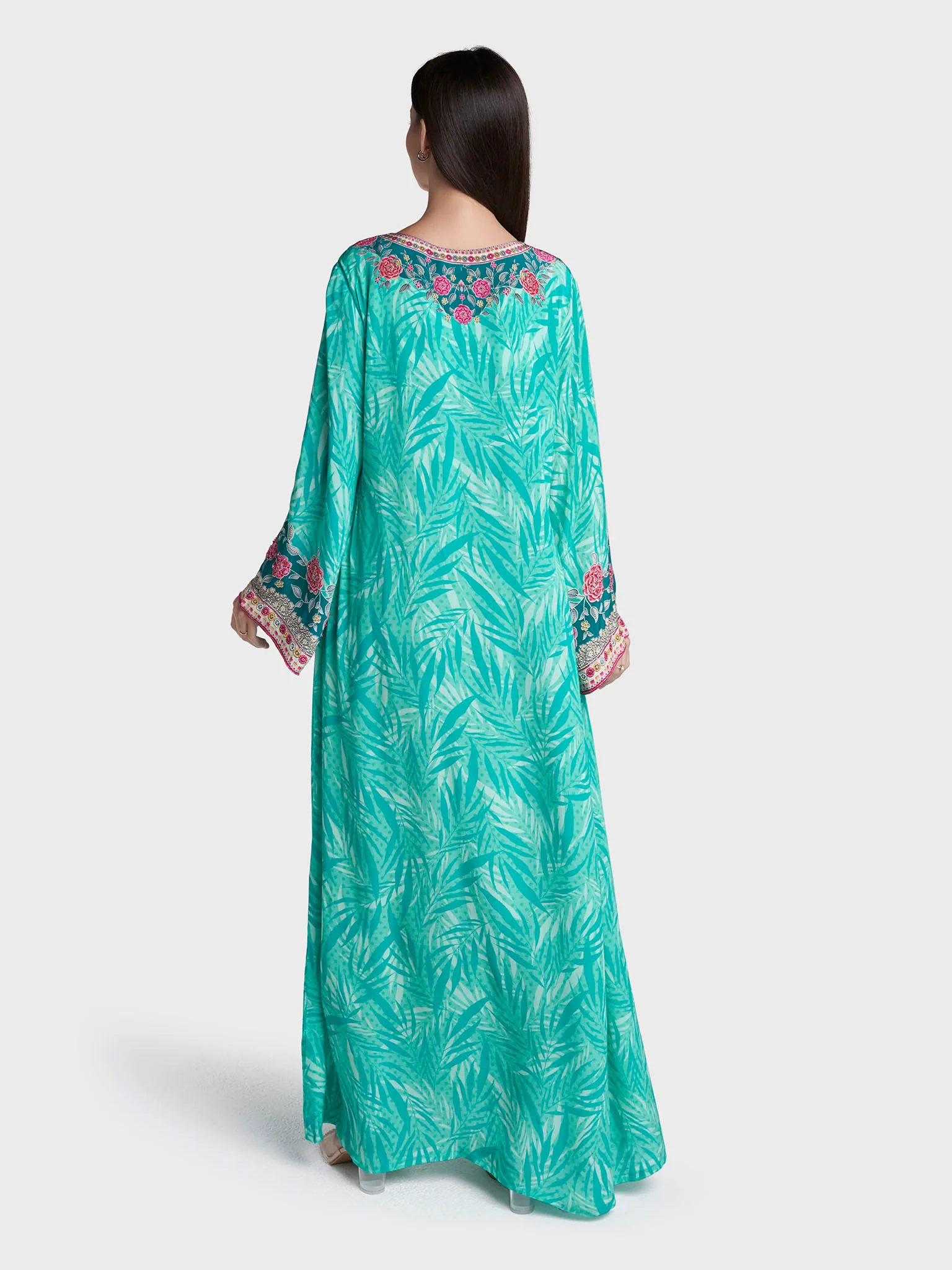 Green Colour Hand Work Viscose Crepe Leaf Printed Jalabiya (VDC78) - Image 4