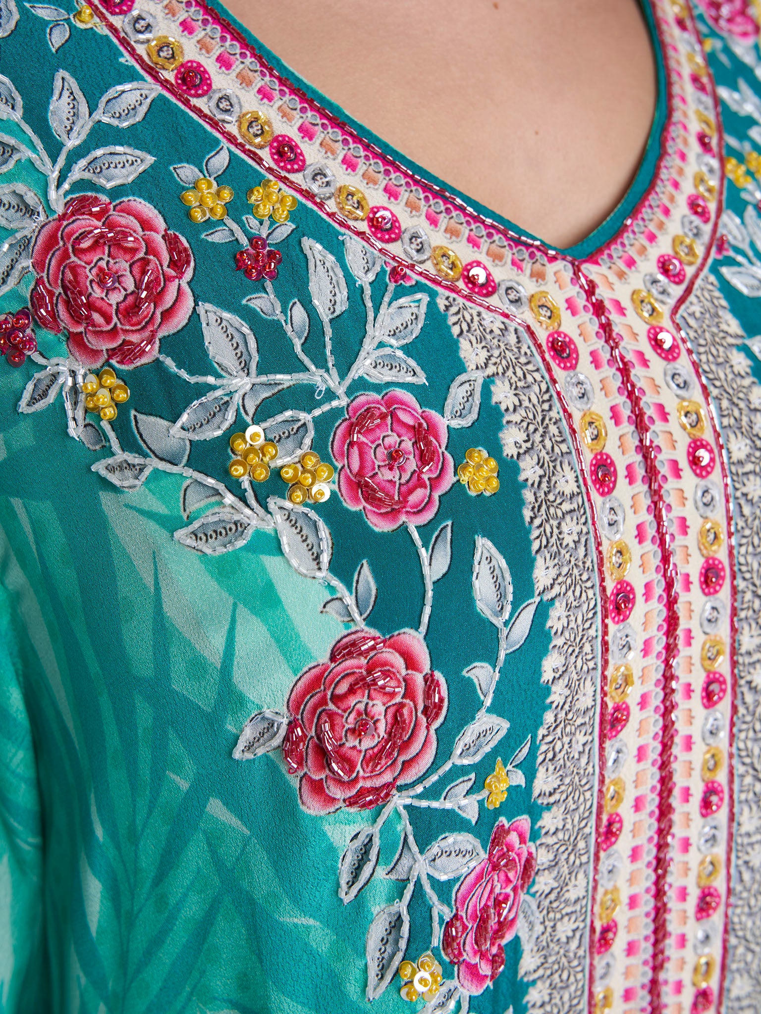 Green Colour Hand Work Viscose Crepe Leaf Printed Jalabiya (VDC78) - Image 5