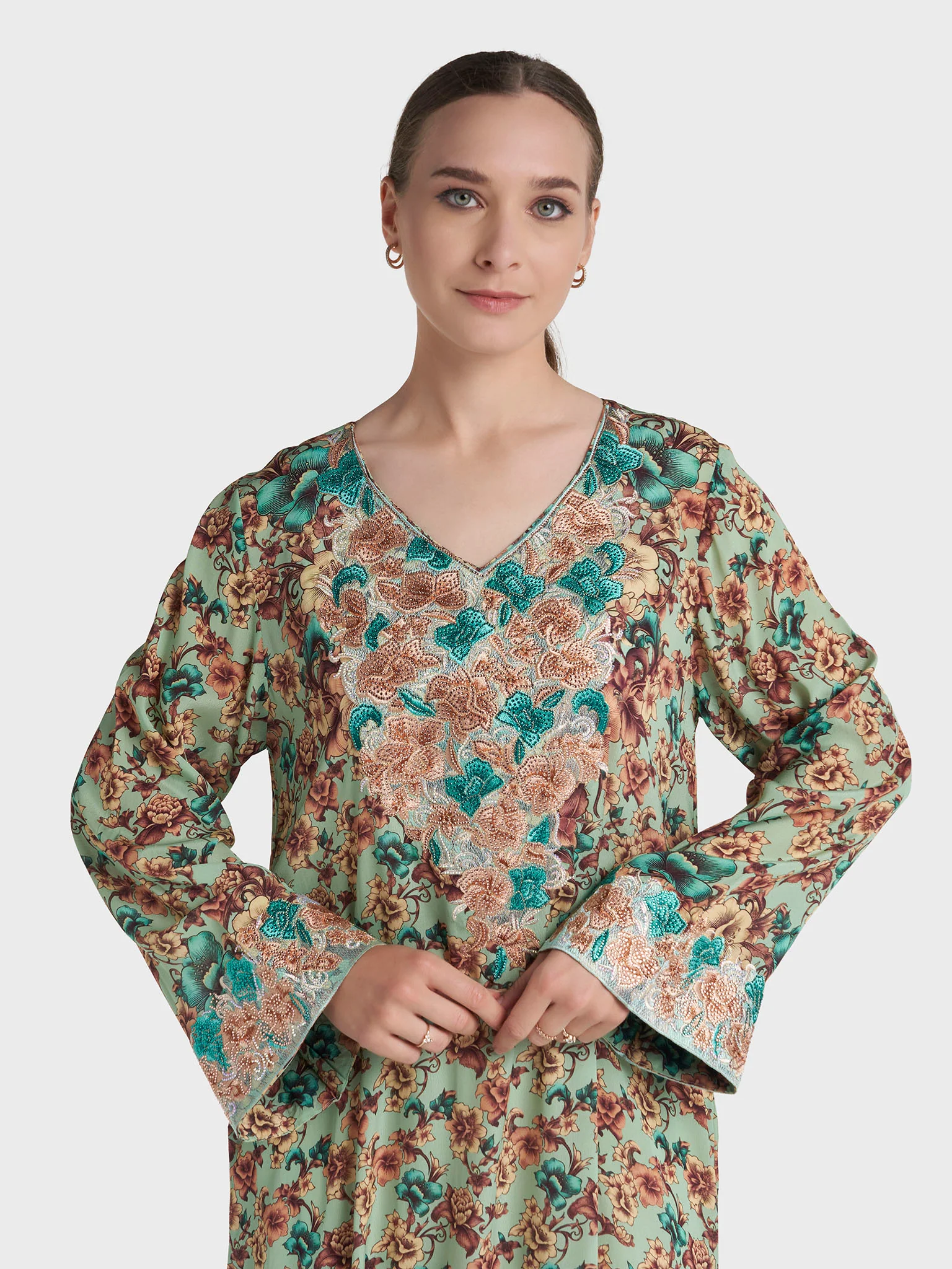 Pistachio Colour Floral Print Viscose Stonework Jalabiya (VG3128A)