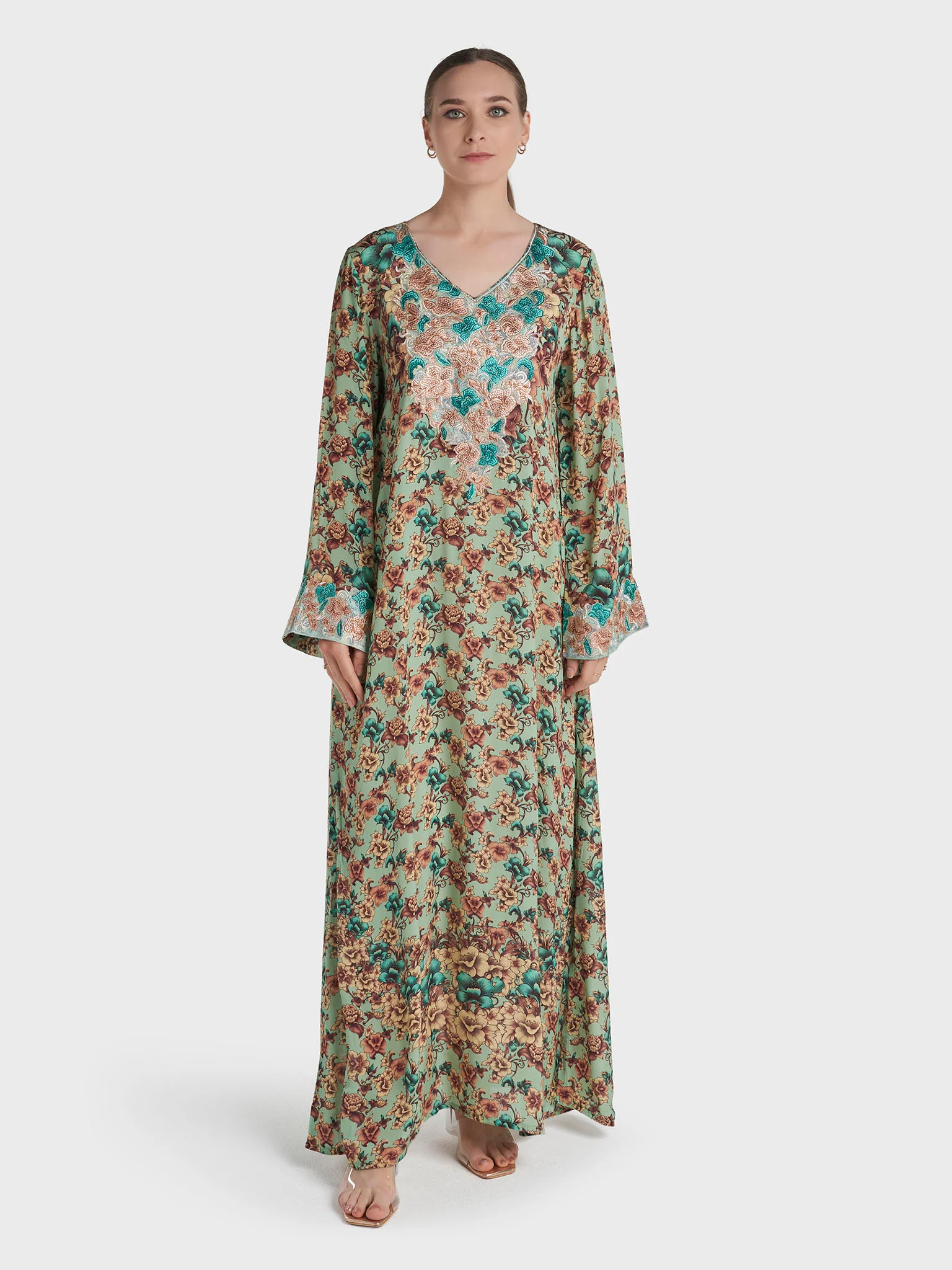 Pistachio Colour Floral Print Viscose Stonework Jalabiya (VG3128A) - Image 2